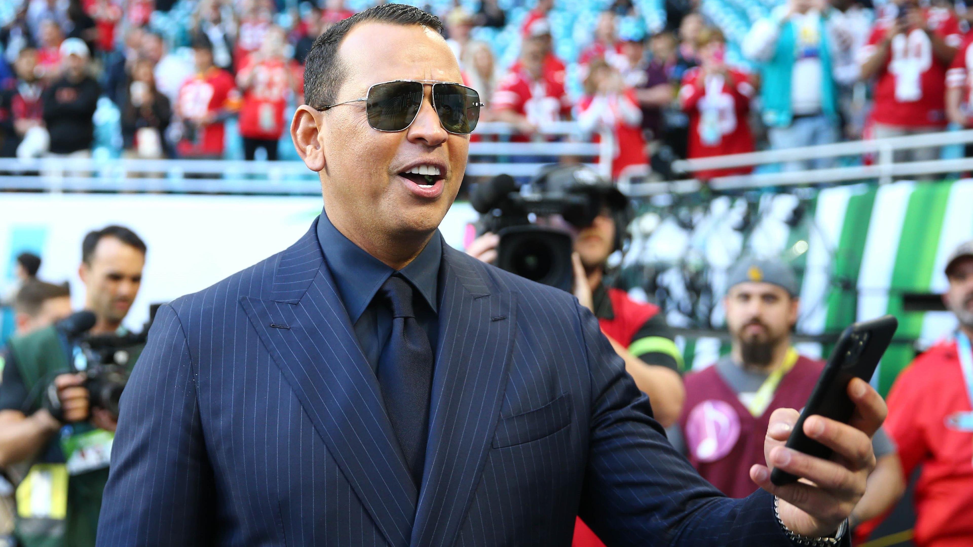 Feb 2, 2020; Miami Gardens, Florida, USA; Alex Rodriguez on the sidelines before Super Bowl LIV between the Kansas City Chiefs and San Francisco 49ers at Hard Rock Stadium. / Mark J. Rebilas-USA TODAY Sports