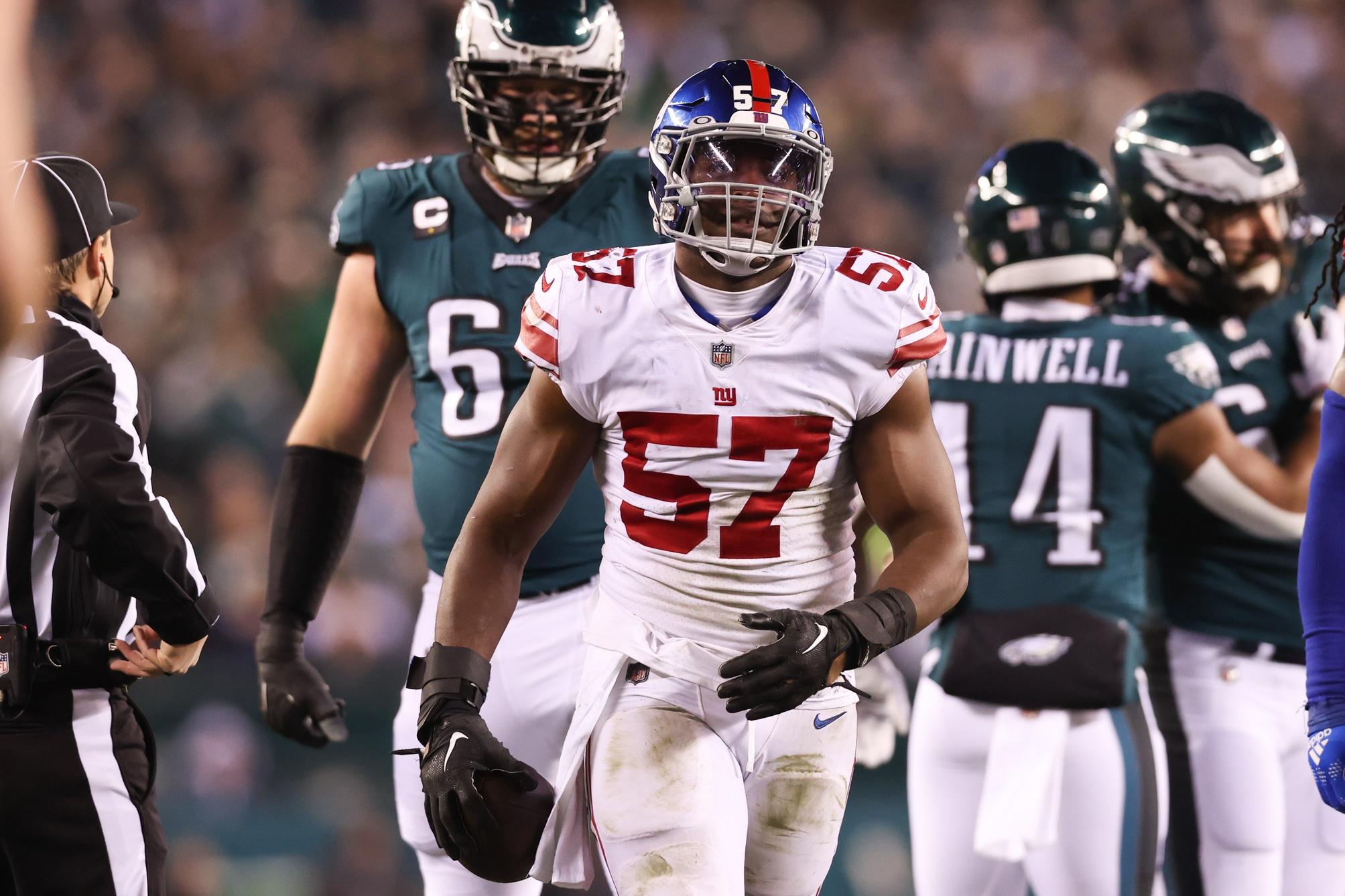 New York Giants linebacker Jarrad Davis (57) against the Philadelphia Eagles during an NFC divisional round game at Lincoln Financial Field.