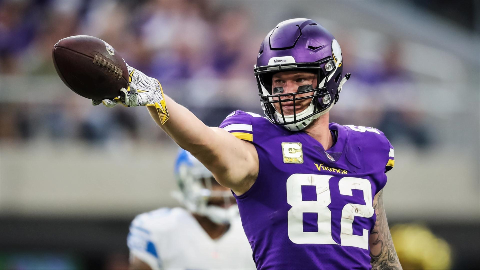 Minnesota Vikings tight end Kyle Rudolph (82) celebrates during the fourth quarter against the Detroit Lions at U.S. Bank Stadium. Mandatory Credit: Brace Hemmelgarn-USA TODAY Sports