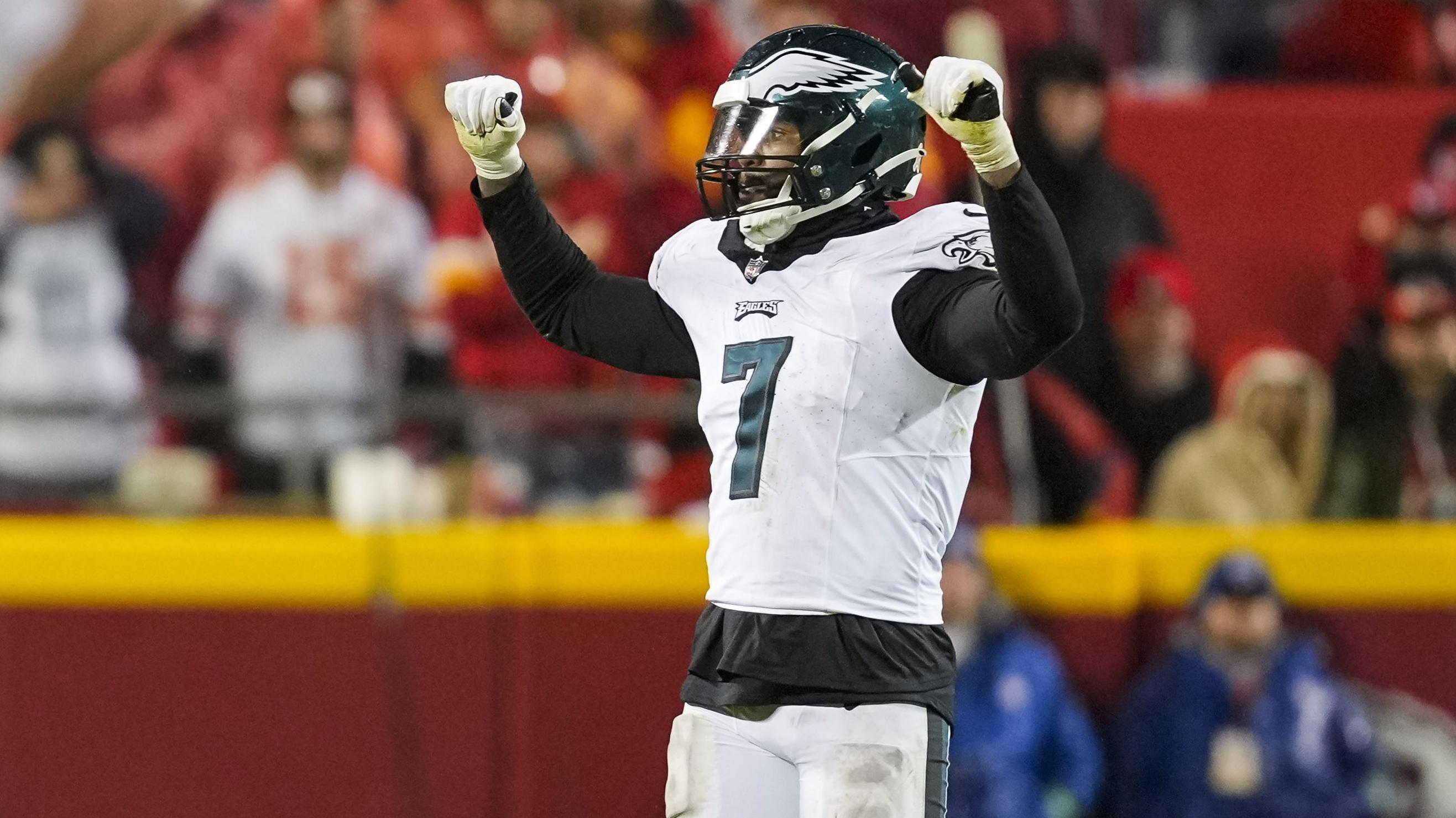 Philadelphia Eagles linebacker Haason Reddick (7) celebrates after defeating the Kansas City Chiefs at GEHA Field at Arrowhead Stadium