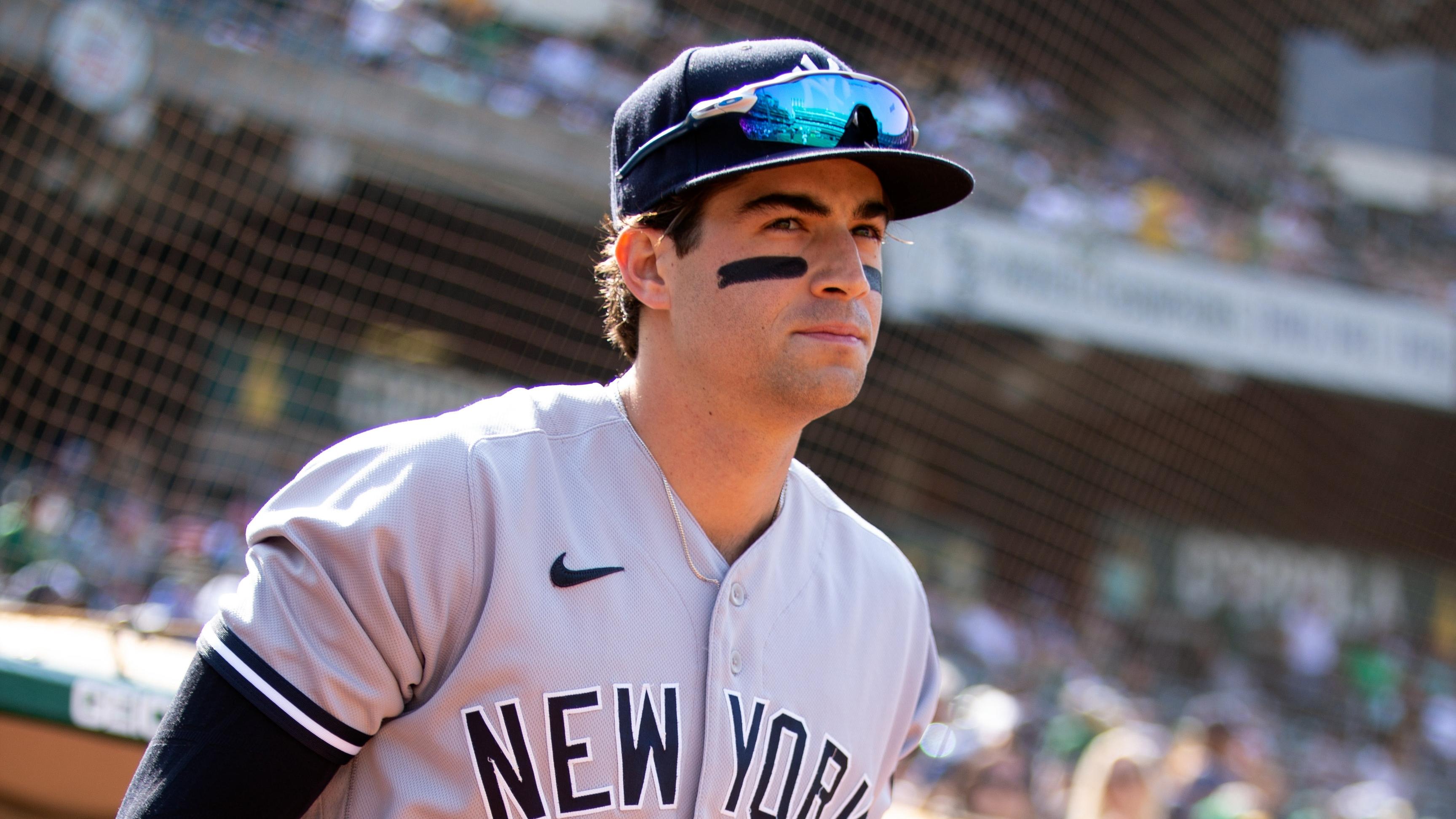 New York Yankees shortstop Tyler Wade (14) prepares for a game against the Oakland Athletics at RingCentral Coliseum.