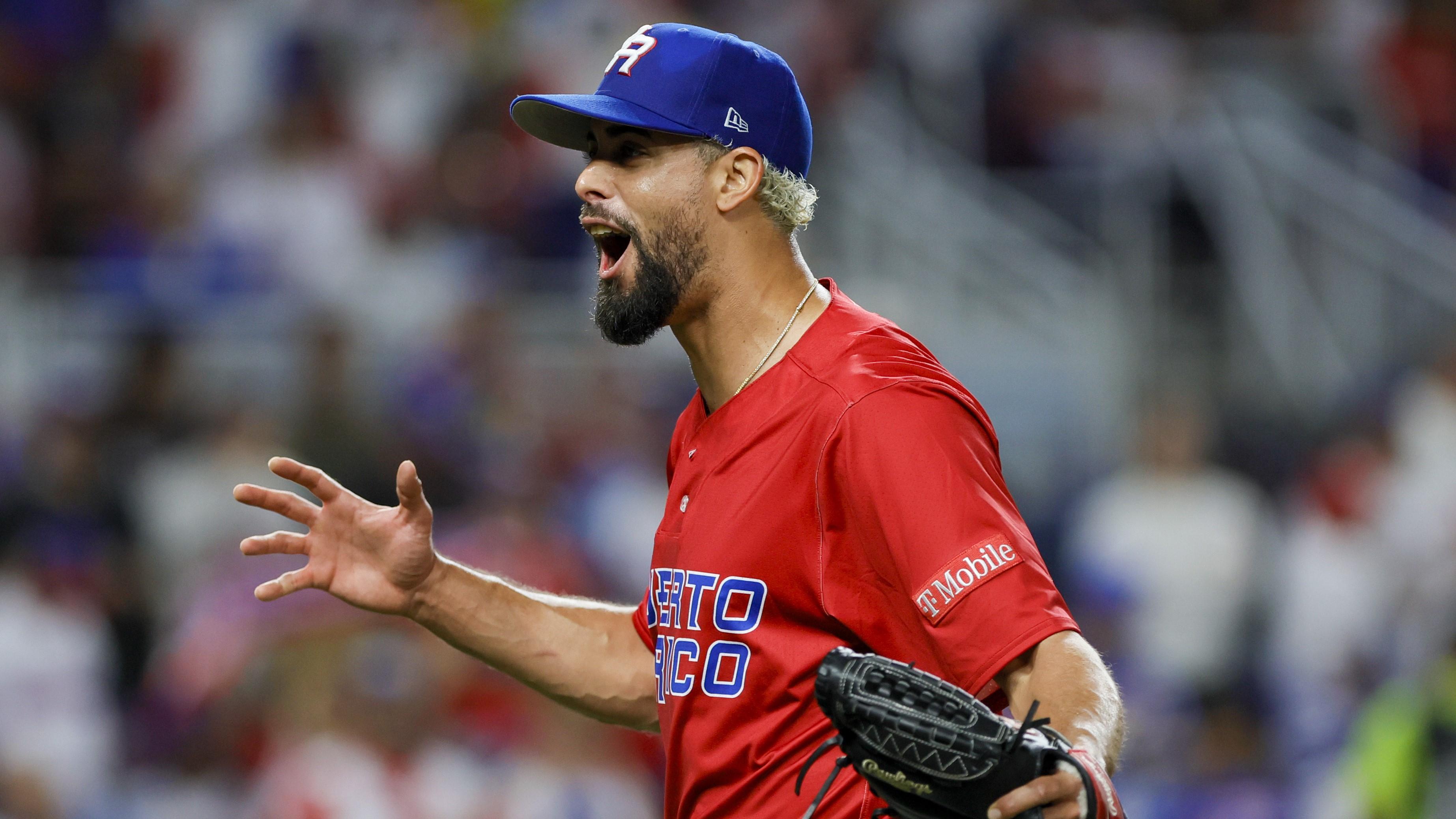 Mar 15, 2023; Miami, Florida, USA; Puerto Rico relief pitcher Jorge Lopez (48) reacts during the seventh inning against Dominican Republic at LoanDepot Park. Mandatory Credit: Sam Navarro-USA TODAY Sports