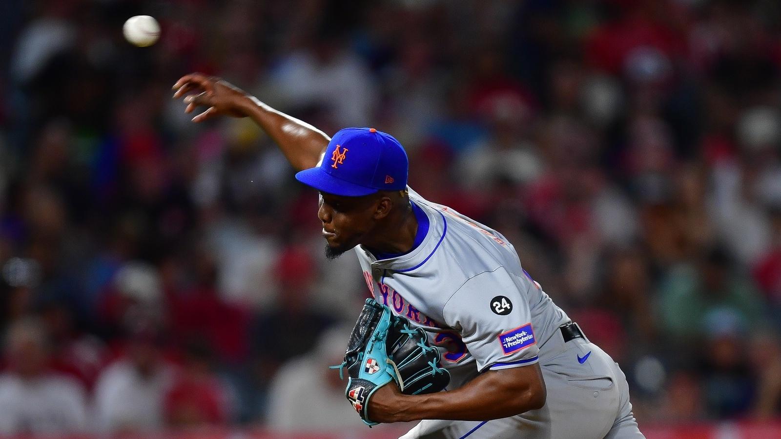 New York Mets pitcher Huascar Brazoban (43) throws against the Los Angeles Angels during the seventh inning at Angel Stadium.