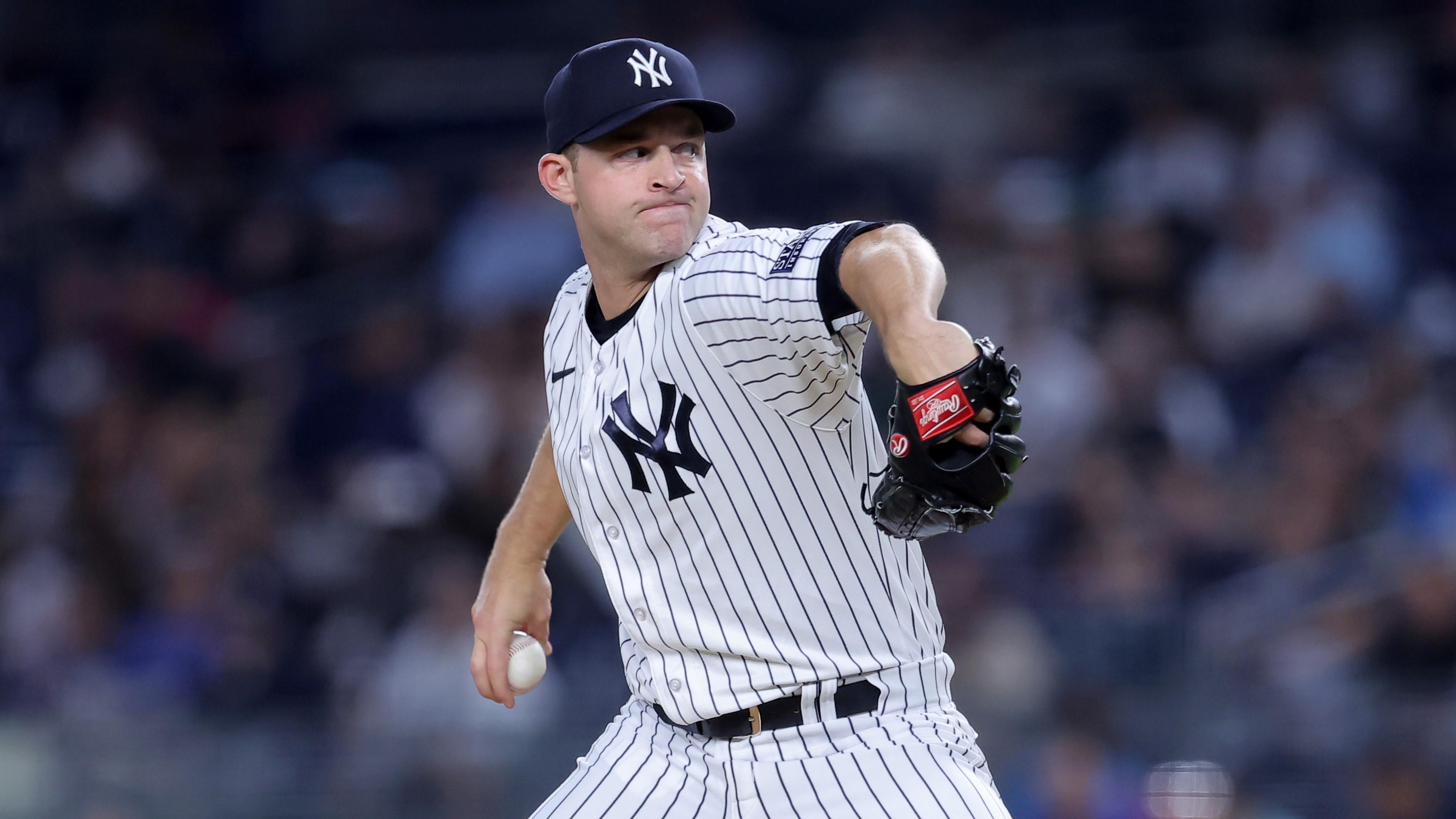 Sep 20, 2023; Bronx, New York, USA; New York Yankees starting pitcher Michael King (34) pitches against the Toronto Blue Jays during the first inning at Yankee Stadium. Mandatory Credit: Brad Penner-USA TODAY Sports