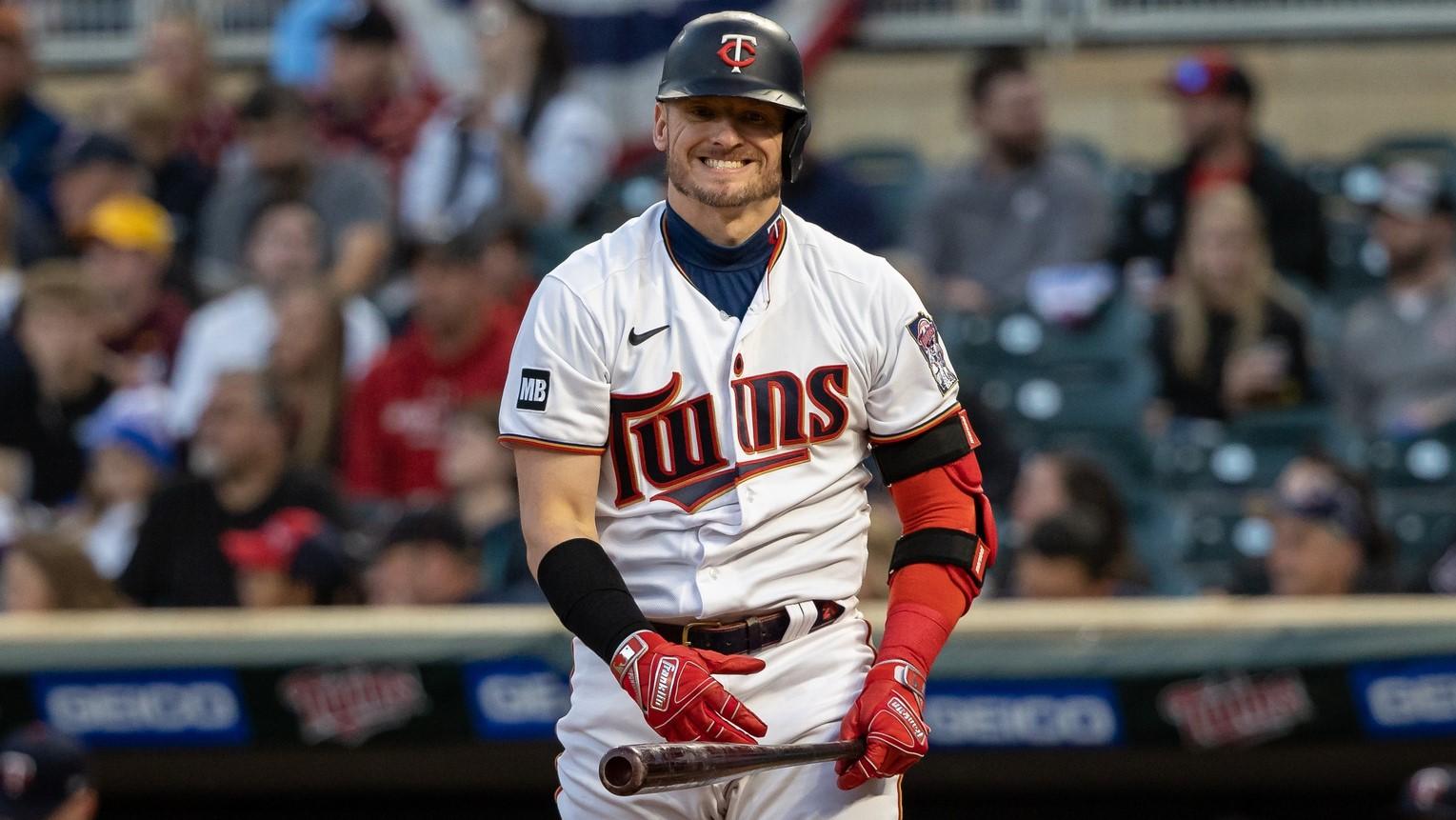 Sep 23, 2021; Minneapolis, Minnesota, USA; Minnesota Twins third baseman Josh Donaldson (20) reacts while batting during the first inning against the Toronto Blue Jays at Target Field.