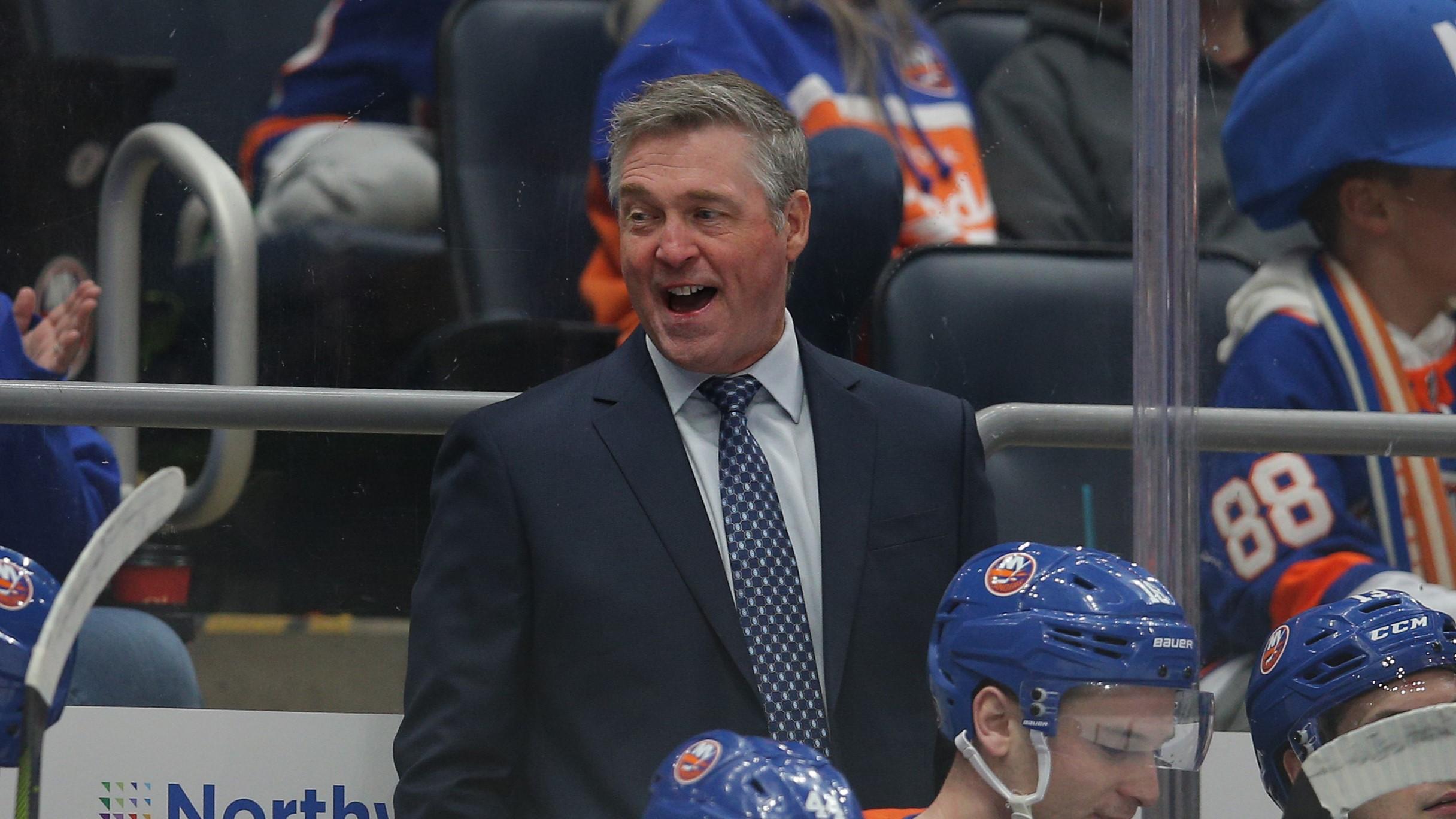 Jan 21, 2024; Elmont, New York, USA; New York Islanders head coach Patrick Roy coaches against the Dallas Stars during the second period at UBS Arena. Mandatory Credit: Brad Penner-USA TODAY Sports