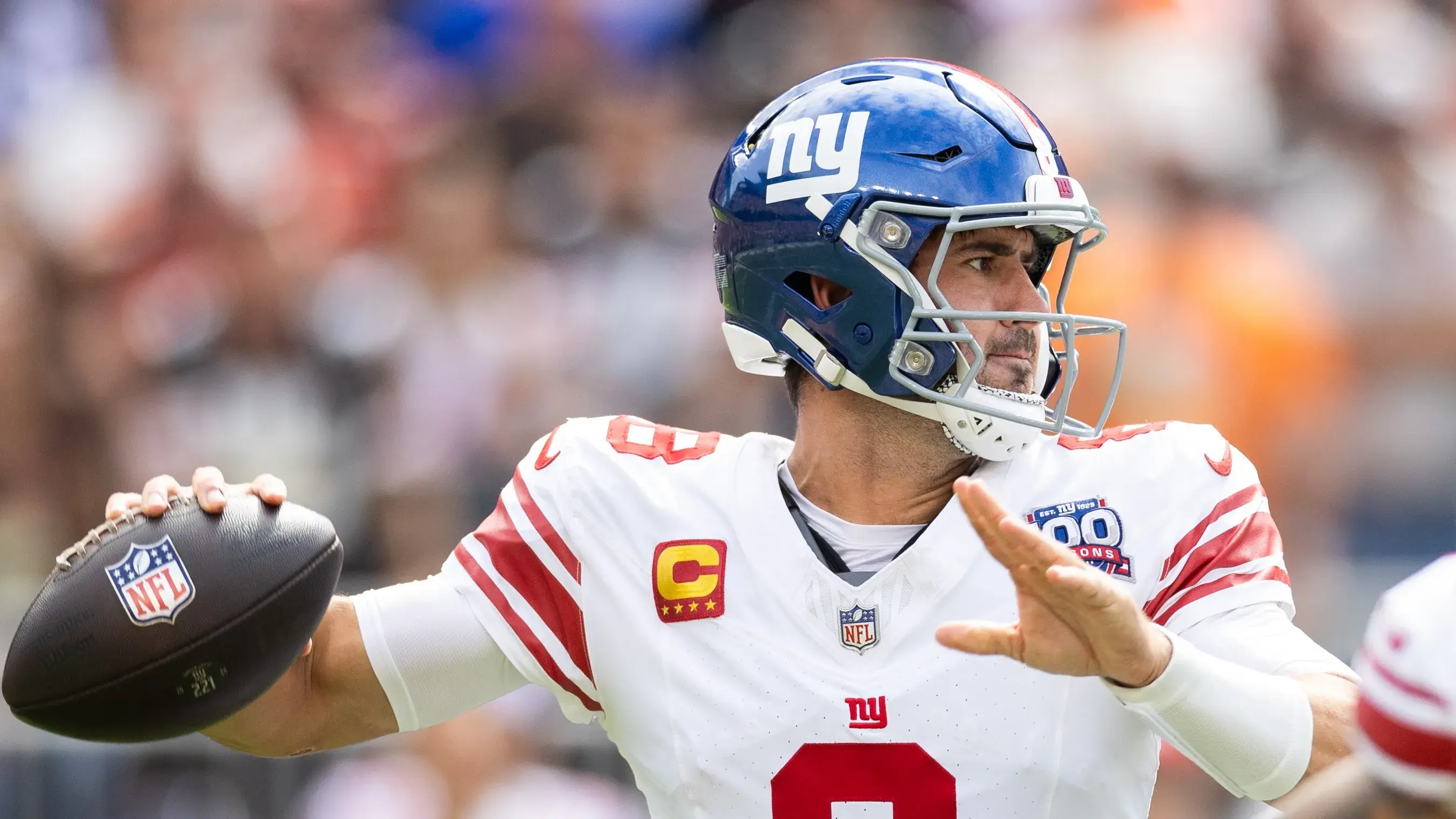 Sep 22, 2024; Cleveland, Ohio, USA; New York Giants quarterback Daniel Jones (8) throws the ball against the Cleveland Browns during the first quarter at Huntington Bank Field. Mandatory Credit: Scott Galvin-Imagn Images / © Scott Galvin-Imagn Images