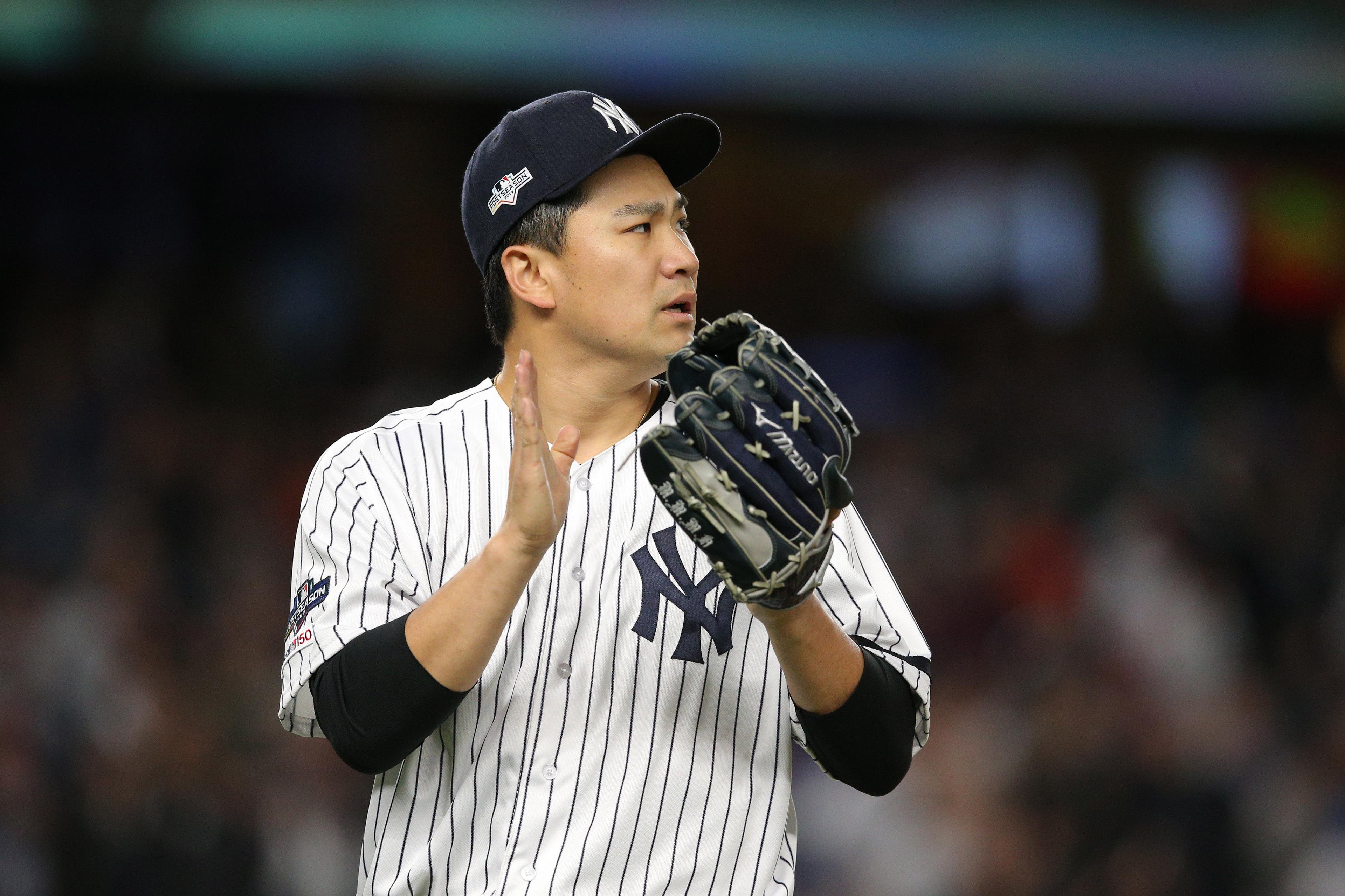 © Brad Penner-USA TODAY Sports / Oct 17, 2019; Bronx, NY, USA; New York Yankees starting pitcher Masahiro Tanaka (19) reacts after Yankees right fielder Aaron Judge (not pictured) makes a diving catch on a ball hit by Houston Astros left fielder Michael Brantley (not pictured) during the fifth inning in game four of the 2019 ALCS playoff baseball series at Yankee Stadium. Mandatory Credit: Brad Penner-USA TODAY Sports