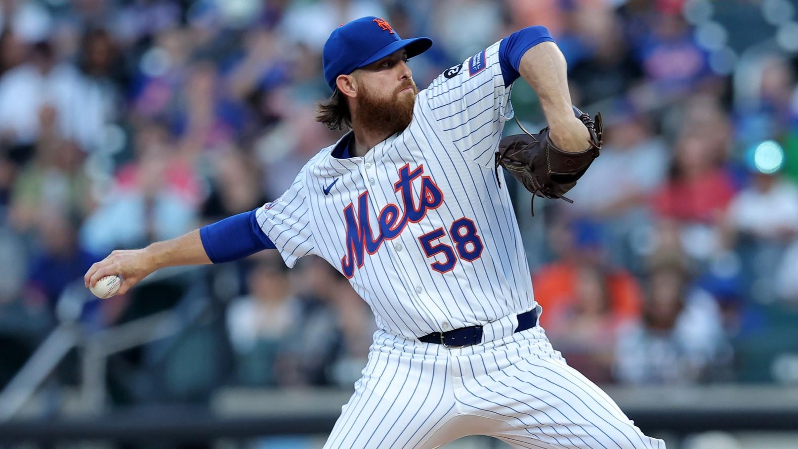 Aug 13, 2024; New York City, New York, USA; New York Mets starting pitcher Paul Blackburn (58) pitches against the Oakland Athletics during the first inning at Citi Field. 