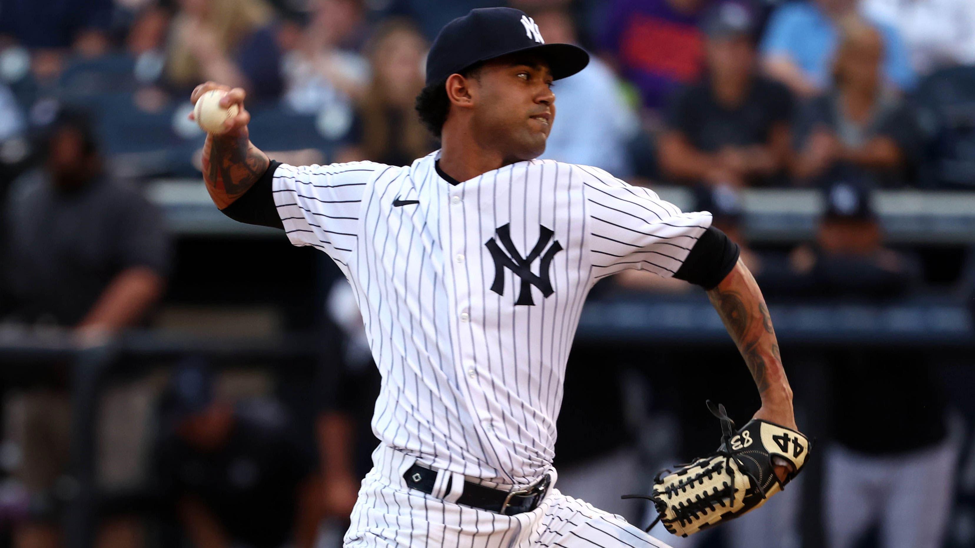 Mar 23, 2022; Tampa, Florida, USA; New York Yankees starting pitcher Devi Garcia (39) throws a pitch against the Baltimore Orioles during spring training at George M. Steinbrenner Field. / Kim Klement-USA TODAY Sports