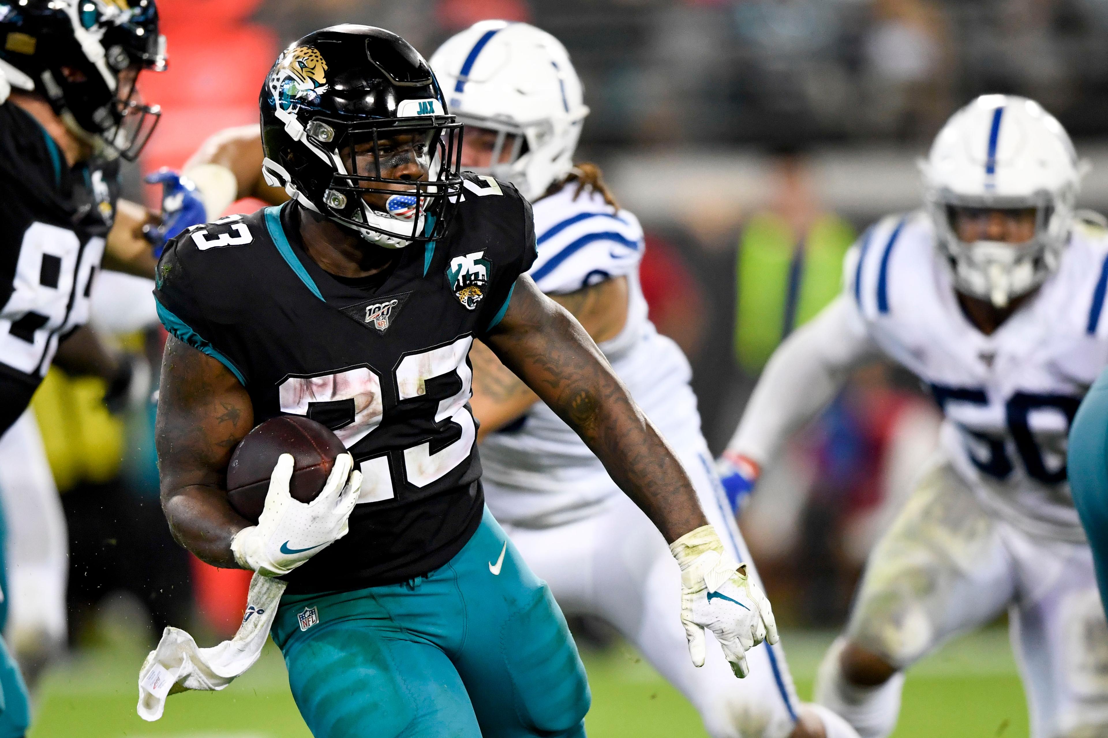 Dec 29, 2019; Jacksonville, Florida, USA; Jacksonville Jaguars running back Ryquell Armstead (23) runs with the ball during the fourth quarter against the Indianapolis Colts at TIAA Bank Field. Mandatory Credit: Douglas DeFelice-USA TODAY Sports