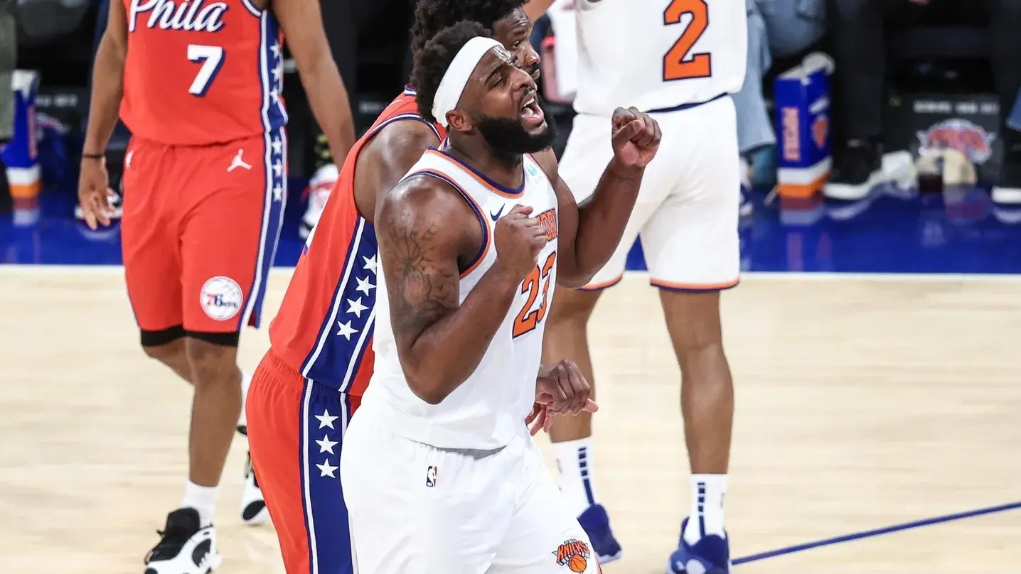 Apr 20, 2024; New York, New York, USA; New York Knicks center Mitchell Robinson (23) after being called for a foul in the fourth quarter against the Philadelphia 76ers in game one of the first round for the 2024 NBA playoffs at Madison Square Garden. / Wendell Cruz-USA TODAY Sports