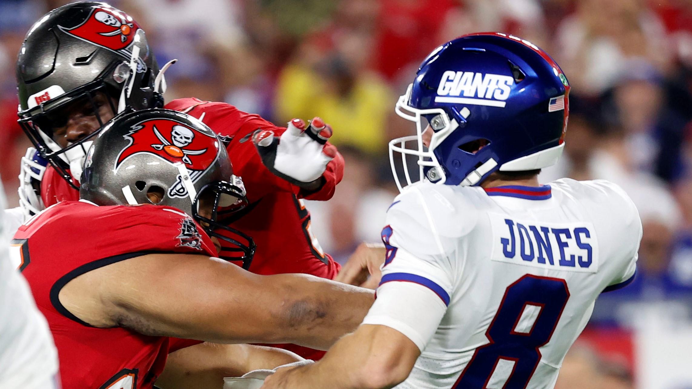 Nov 22, 2021; Tampa, Florida, USA; Tampa Bay Buccaneers defensive end Ndamukong Suh (93) pressures New York Giants quarterback Daniel Jones (8) during the second quarter at Raymond James Stadium. Mandatory Credit: Kim Klement-USA TODAY Sports