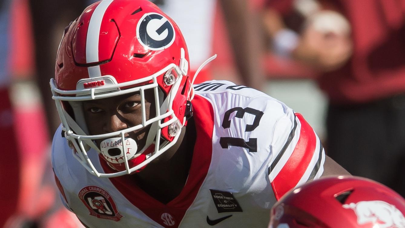 Sep 26, 2020; Fayetteville, Arkansas, USA; Georgia Bulldogs linebacker Azeez Ojulari (13) looks into the Arkansas Razorbacks backfield during the second quarter at Donald W. Reynolds Razorback Stadium. Georgia won the game 37-10.