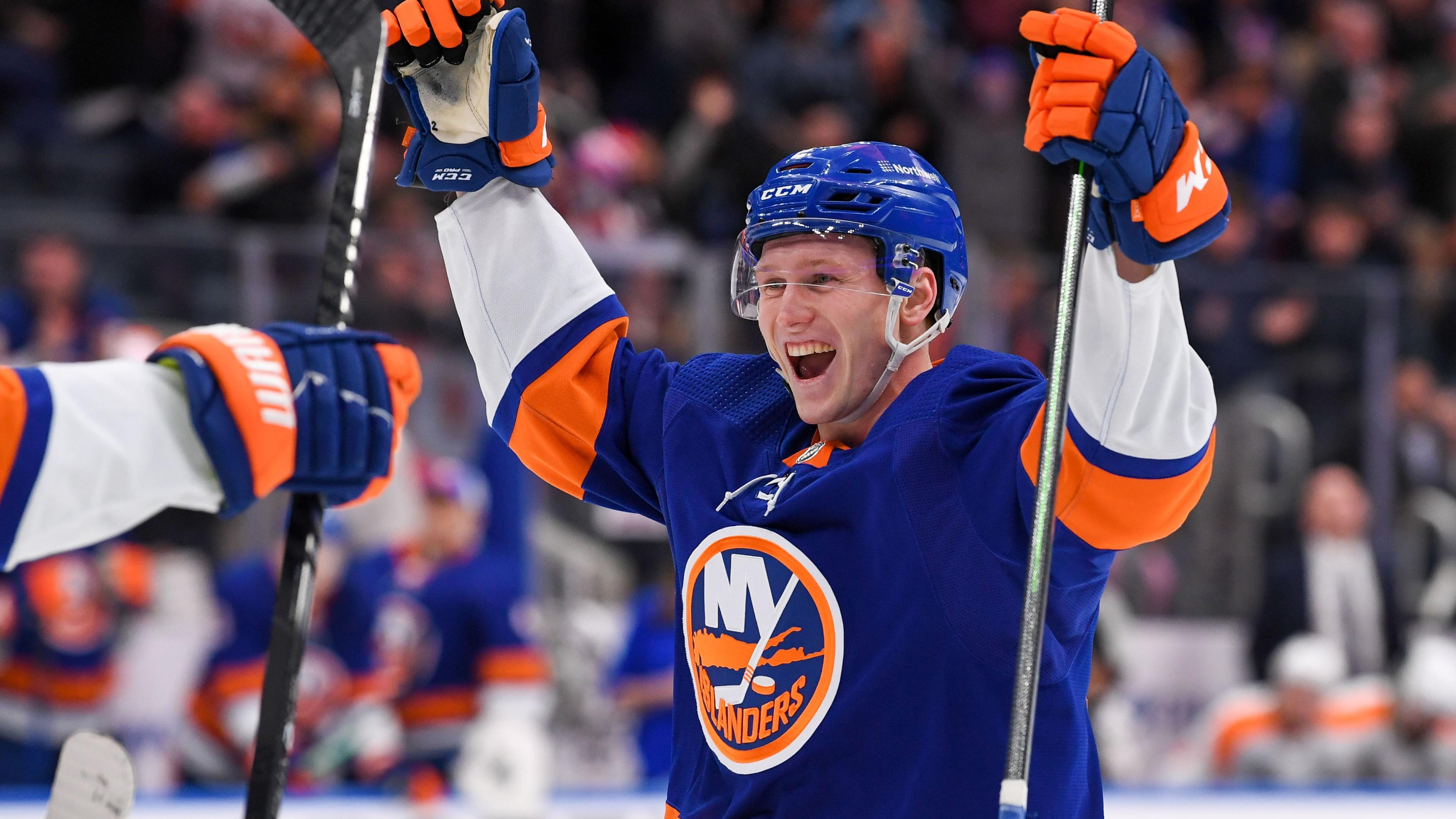 Jan 17, 2022; Elmont, New York, USA; New York Islanders defenseman Robin Salo (2) celebrates after assisting on a goal by New York Islanders center Casey Cizikas (53) (not pictured) against the Philadelphia Flyers during the second period at UBS Arena. Mandatory Credit: Dennis Schneidler-USA TODAY Sports