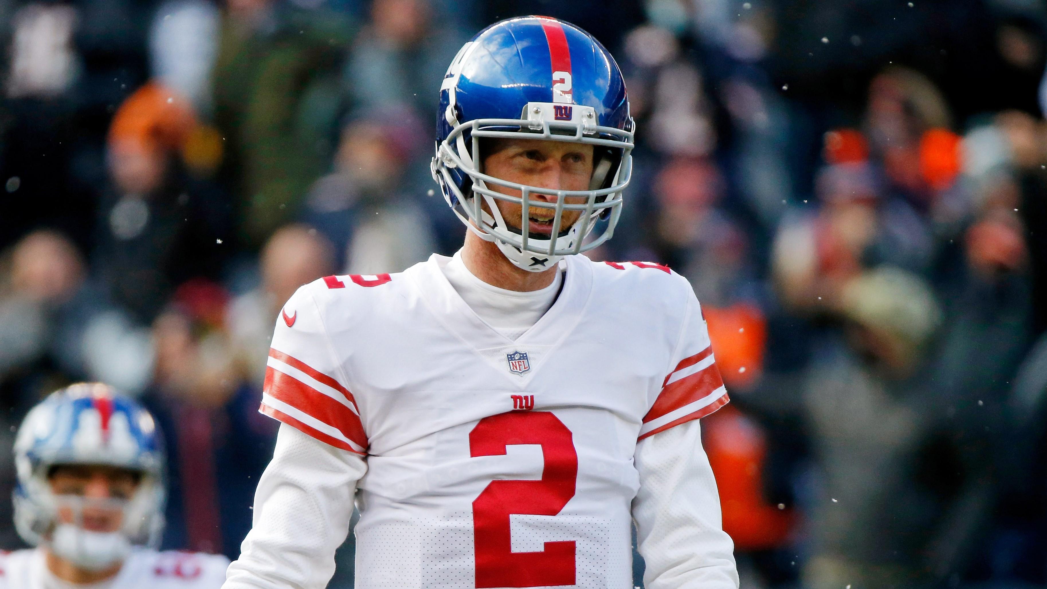 New York Giants quarterback Mike Glennon (2) reacts after turning over the ball against the Chicago Bears on a fumble during the first half at Soldier Field.