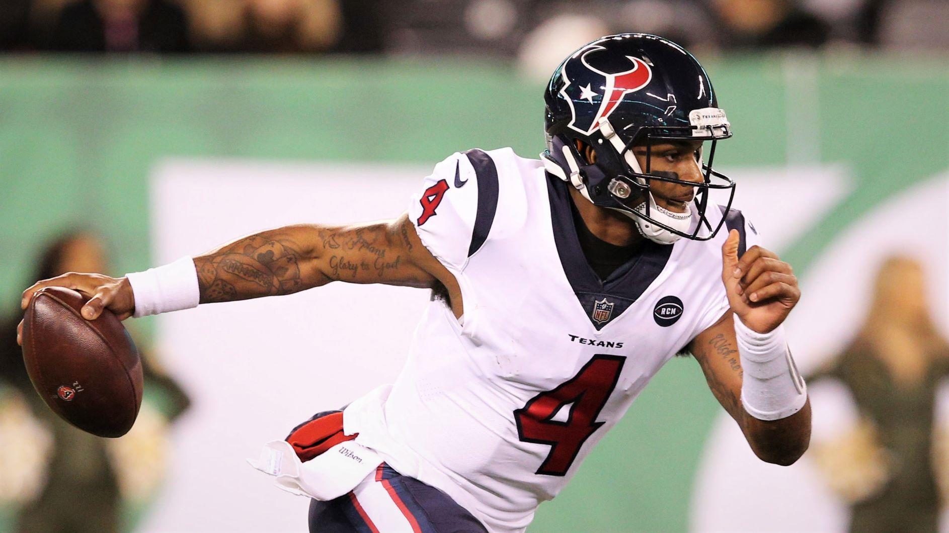 Dec 15, 2018; East Rutherford, NJ, USA; Houston Texans quarterback Deshaun Watson (4) runs the ball against the New York Jets during the third quarter at MetLife Stadium. Mandatory Credit: Brad Penner-USA TODAY Sports