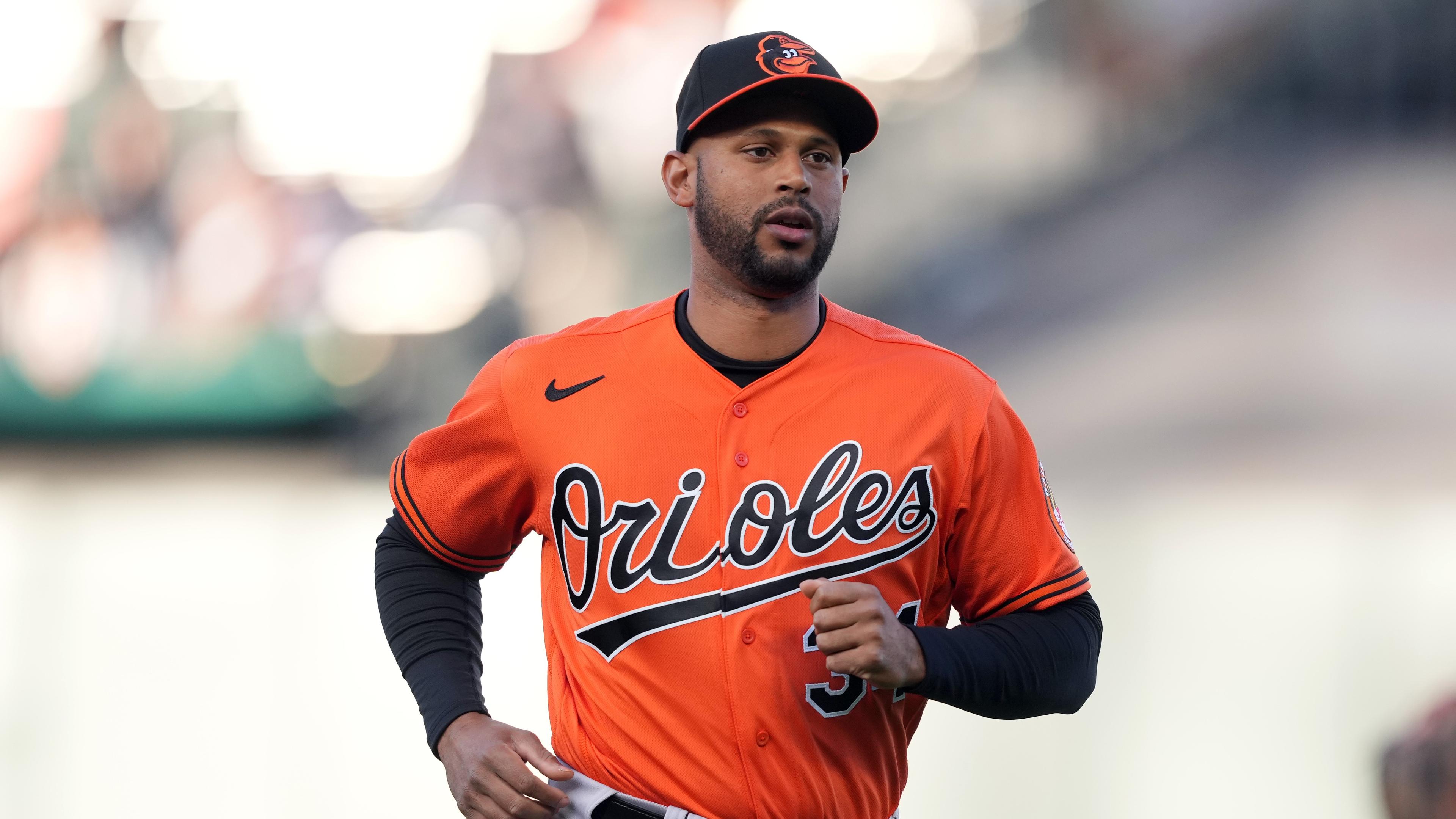 Jun 3, 2023; San Francisco, California, USA; Baltimore Orioles center fielder Aaron Hicks (34) jogs on the field before the game against the San Francisco Giants at Oracle Park. Mandatory Credit: Darren Yamashita-USA TODAY Sports