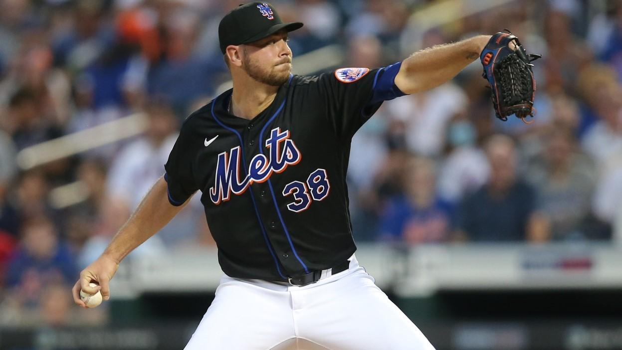 Aug 13, 2021; New York City, NY, USA; New York Mets starting pitcher Tylor Megill (38) pitches against the Los Angeles Dodgers during the second inning at Citi Field.