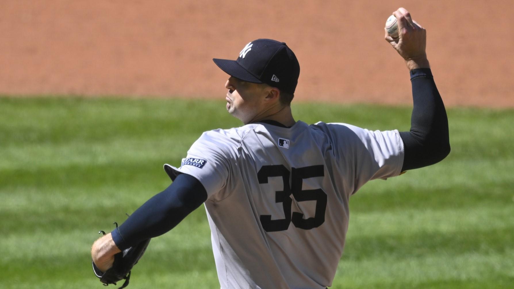 Apr 13, 2024; Cleveland, Ohio, USA; New York Yankees pitcher Clay Holmes (35) delivers a pitch in the ninth inning against the Cleveland Guardians at Progressive Field.