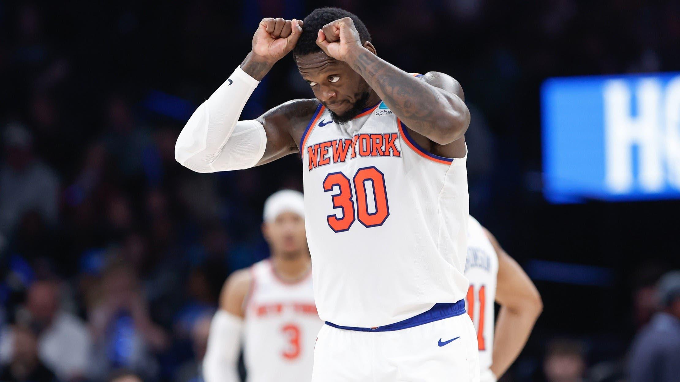 Dec 27, 2023; Oklahoma City, Oklahoma, USA; New York Knicks forward Julius Randle (30) reacts after a play against the Oklahoma City Thunder during the second half at Paycom Center. / Alonzo Adams-USA TODAY Sports