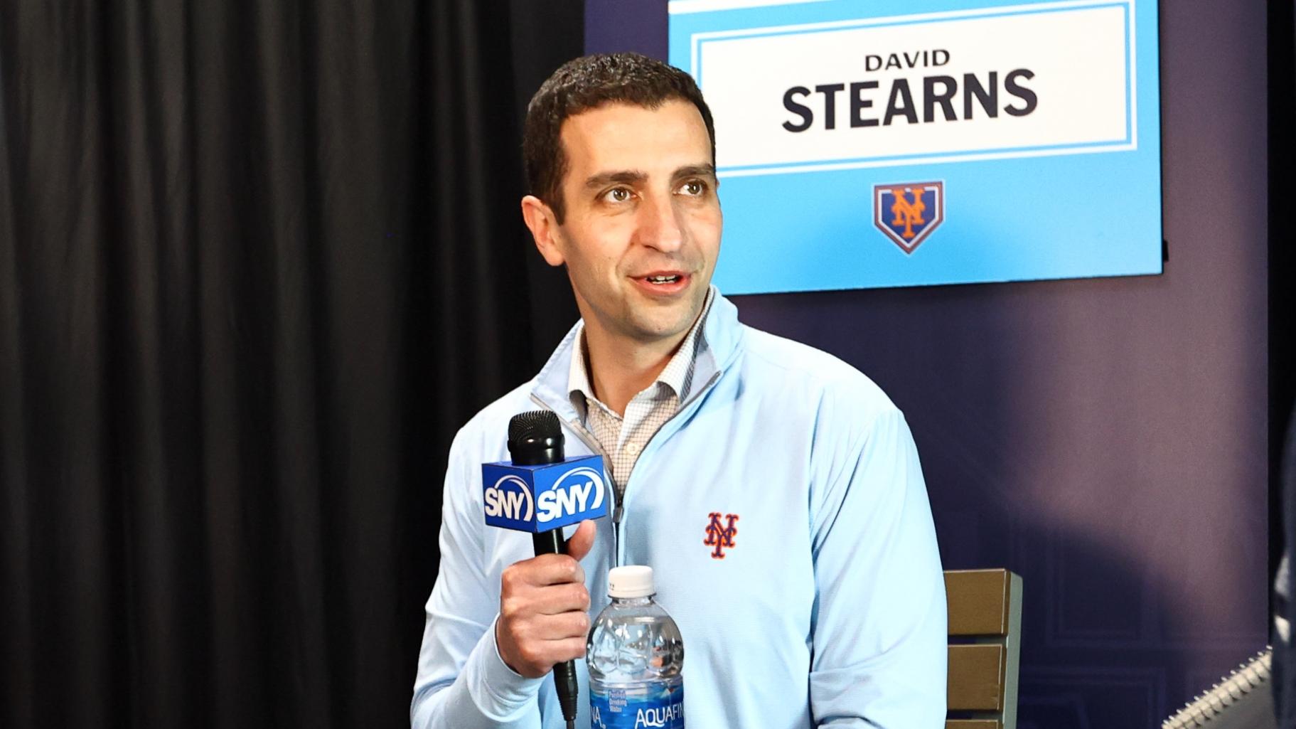 New York Mets president of baseball operations David Stearns talks with media at George M. Steinbrenner Field.