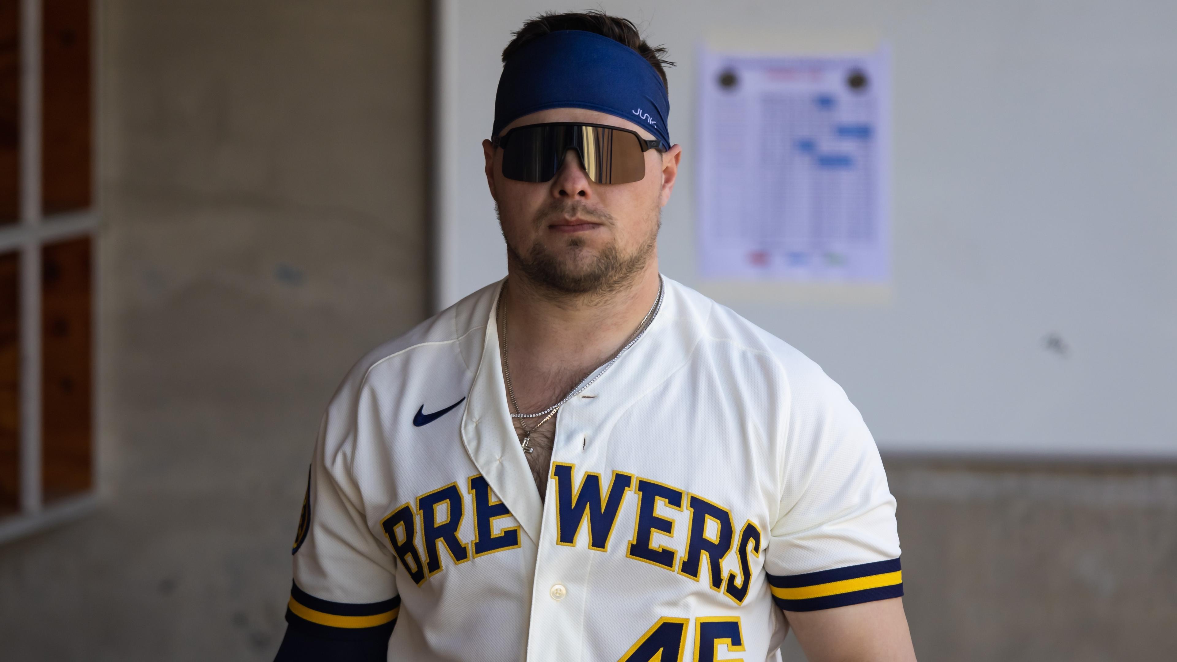 Milwaukee Brewers infielder Luke Voit against the Los Angeles Dodgers during a spring training game at American Family Fields of Phoenix