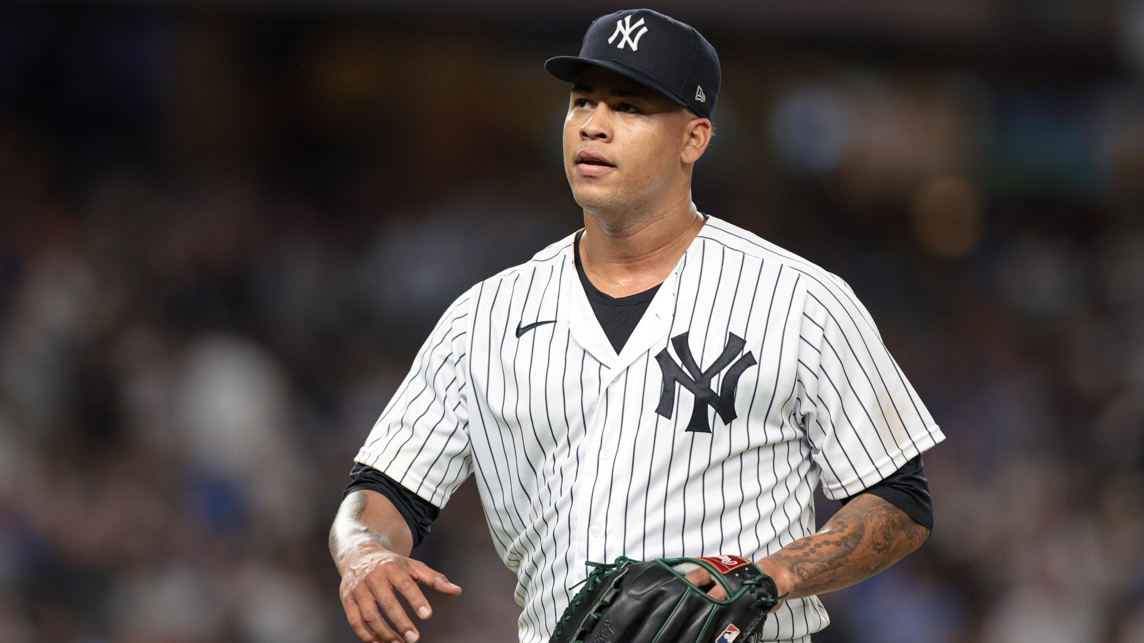 Aug 23, 2022; Bronx, New York, USA; New York Yankees starting pitcher Frankie Montas (47) walks off the field after being relieved during the sixth inning against the New York Mets at Yankee Stadium. Mandatory Credit: Vincent Carchietta-USA TODAY Sports