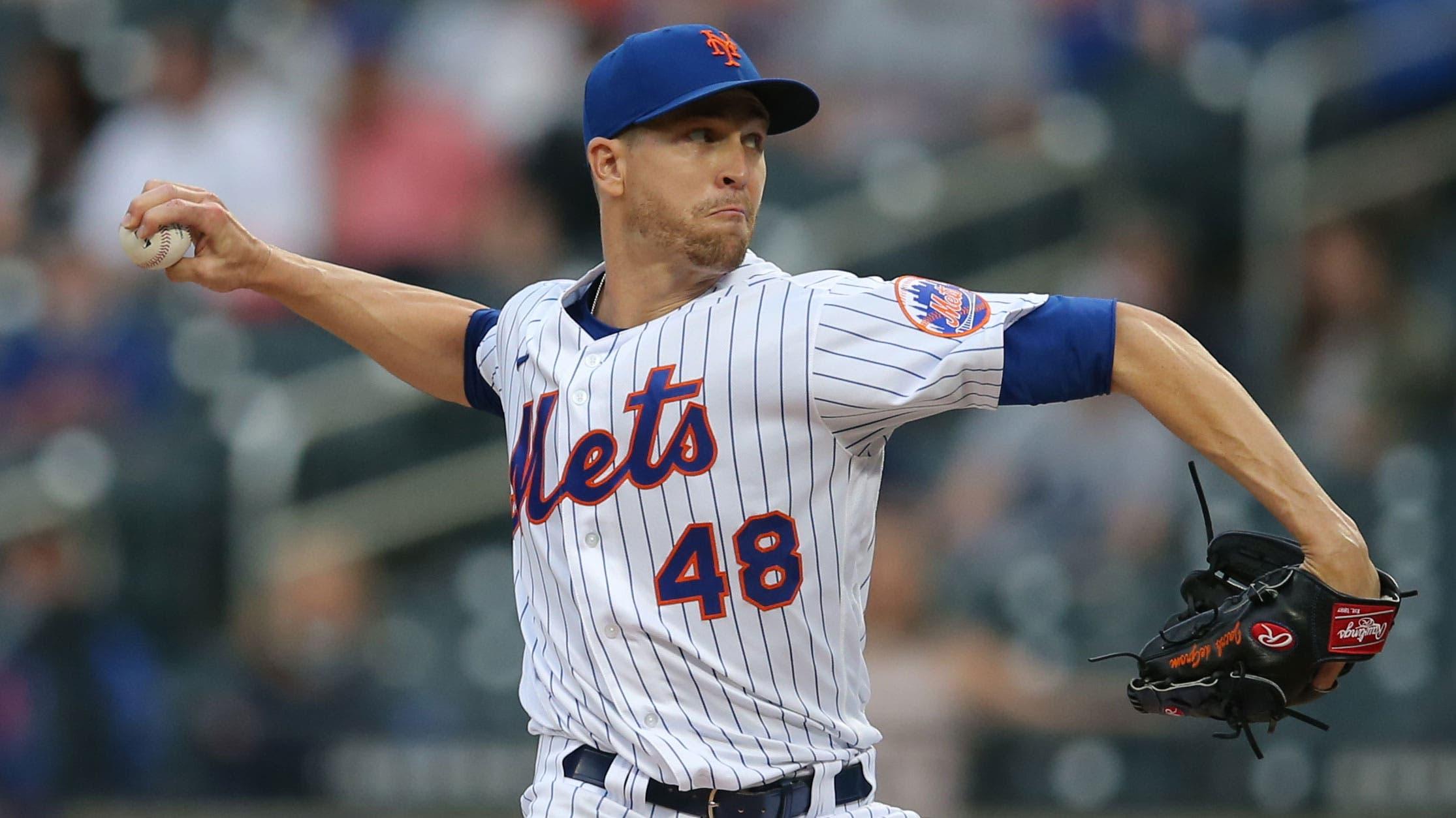 Apr 28, 2021; New York City, New York, USA; New York Mets starting pitcher Jacob deGrom (48) throws against the Boston Red Sox during the first inning at Citi Field. / Brad Penner-USA TODAY Sports