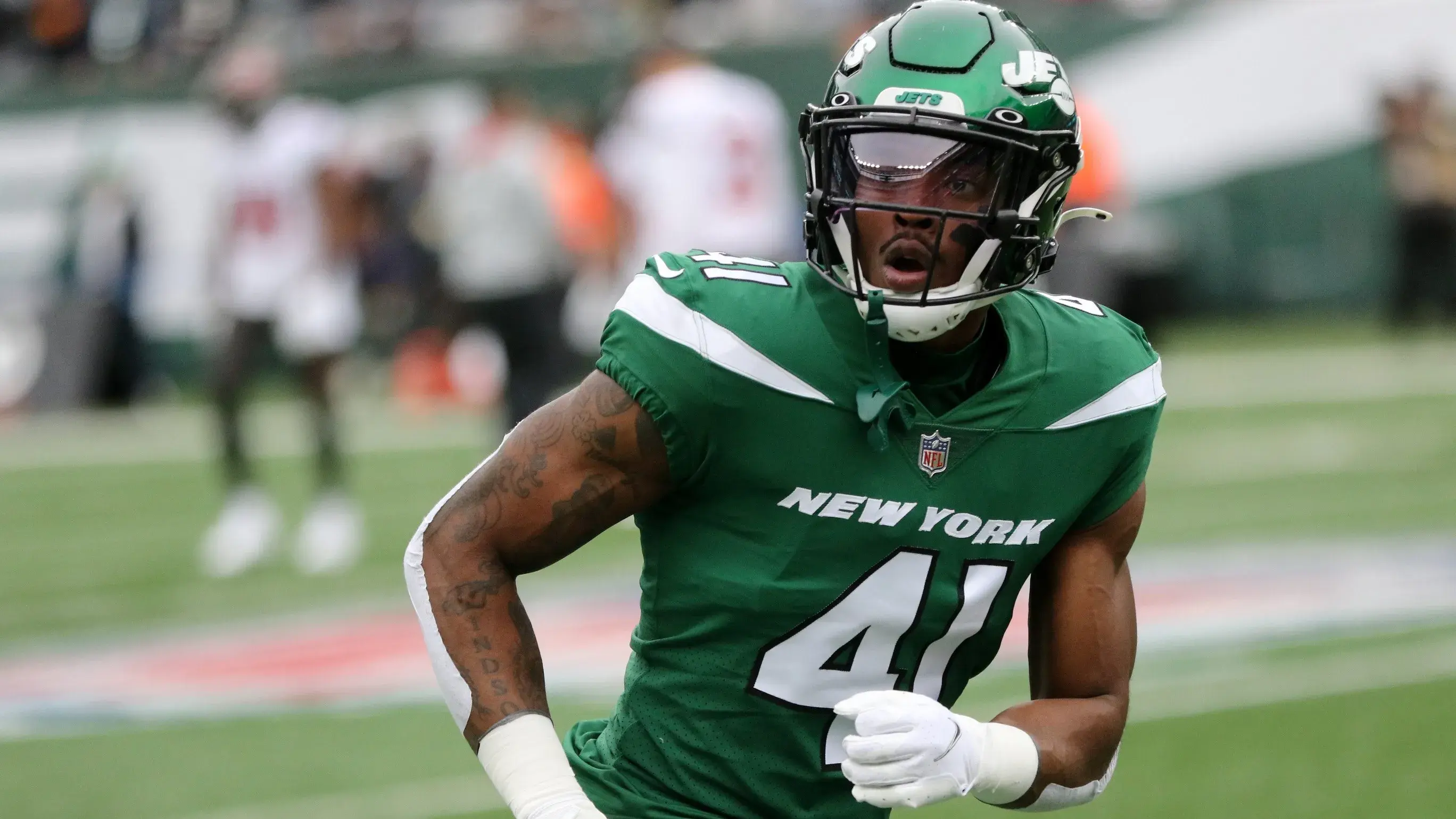 Jason Pinnock, of the New York Jets, is shown during pregame practice, at MetLife Stadium, in East Rutherford, Sunday, January 2, 2022. Jets Vs Bucs / Kevin R. Wexler-NorthJersey.com / USA TODAY NETWORK