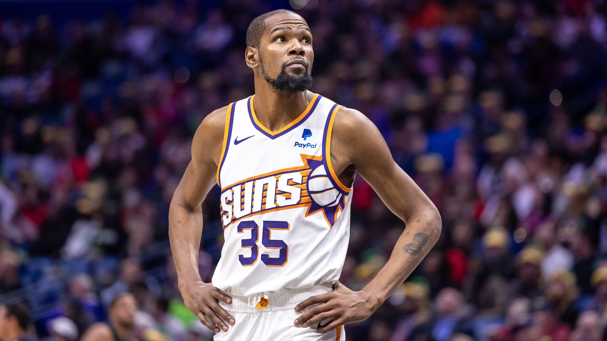 Jan 19, 2024; New Orleans, Louisiana, USA; Phoenix Suns forward Kevin Durant (35) looks on against the New Orleans Pelicans during the second half at Smoothie King Center.