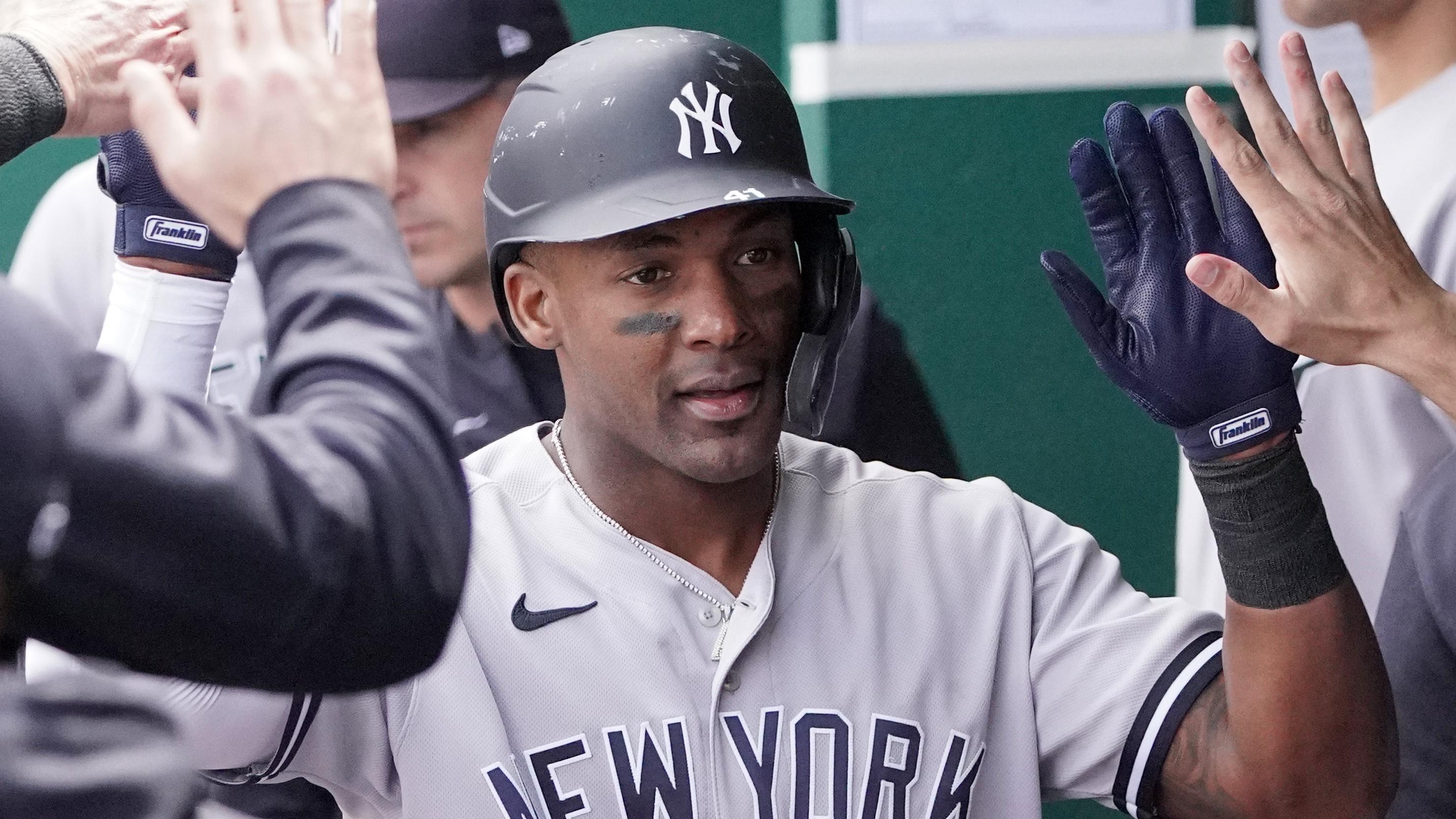 May 1, 2022; Kansas City, Missouri, USA; New York Yankees left fielder Miguel Andujar (41) is congratulated in the dugout after scoring abasing the Kansas City Royals in the fifth inning at Kauffman Stadium. Mandatory Credit: Denny Medley-USA TODAY Sports