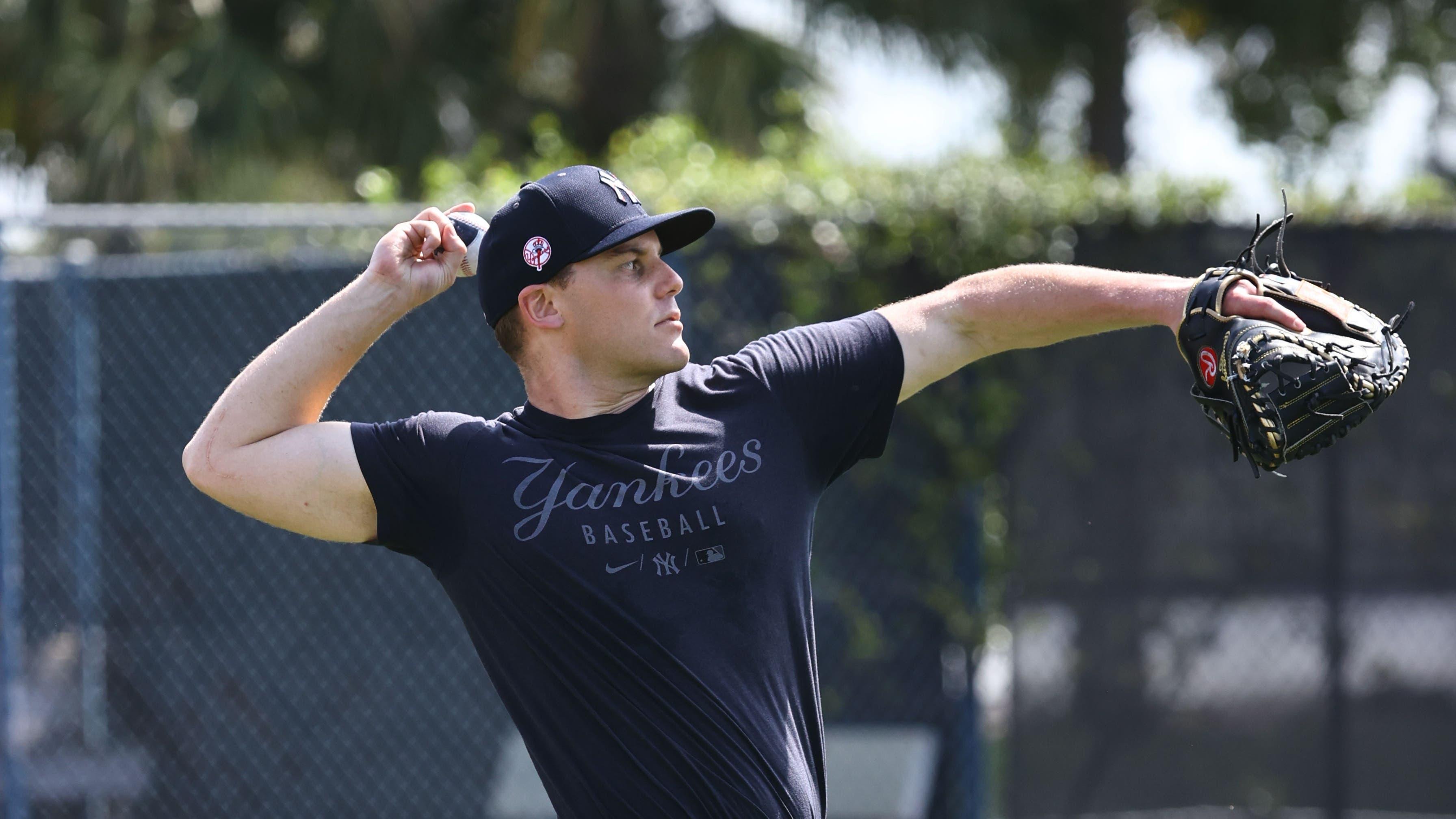 Mar 15, 2022; Tampa, FL, USA; New York Yankees catcher Ben Rortvedt (38) throws during spring training workouts at George M. Steinbrenner Field. Mandatory Credit: Kim Klement-USA TODAY Sports / © Kim Klement-USA TODAY Sports