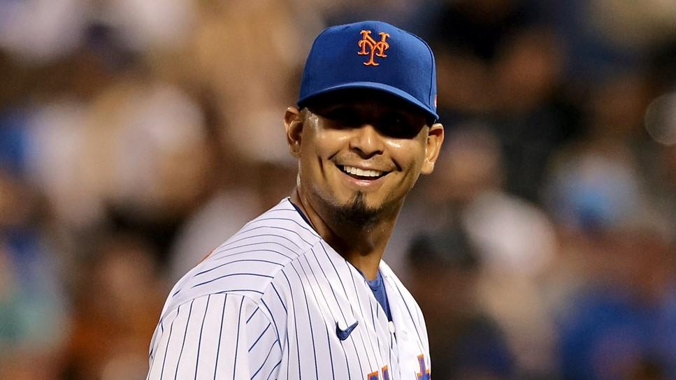 New York Mets starting pitcher Carlos Carrasco (59) reacts during the third inning against the San Francisco Giants at Citi Field.