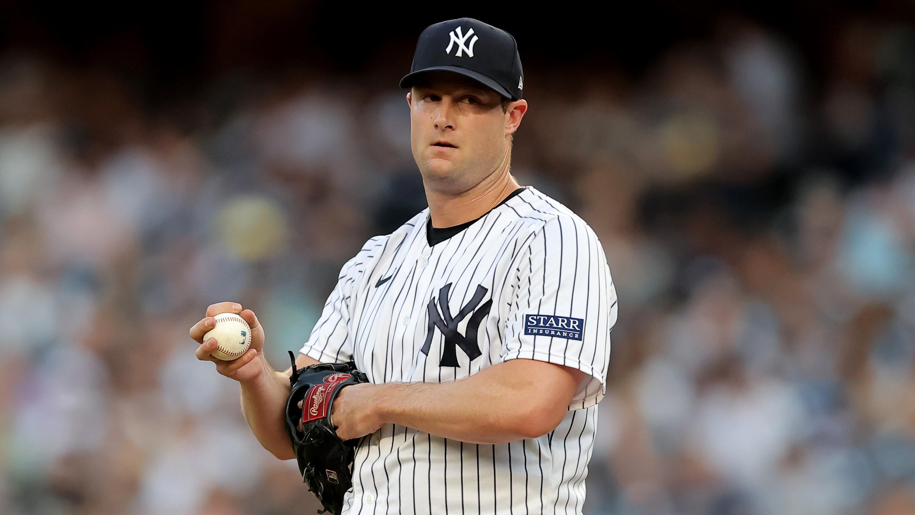 Aug 2, 2023; Bronx, New York, USA; New York Yankees starting pitcher Gerrit Cole (45) reacts during the first inning against the Tampa Bay Rays at Yankee Stadium. Mandatory Credit: Brad Penner-USA TODAY Sports