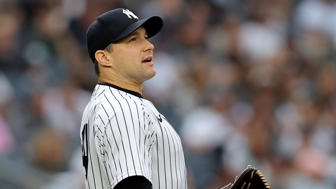 Aug 24, 2023; Bronx, New York, USA; New York Yankees relief pitcher Tommy Kahnle (41) reacts during the seventh inning against the Washington Nationals at Yankee Stadium.