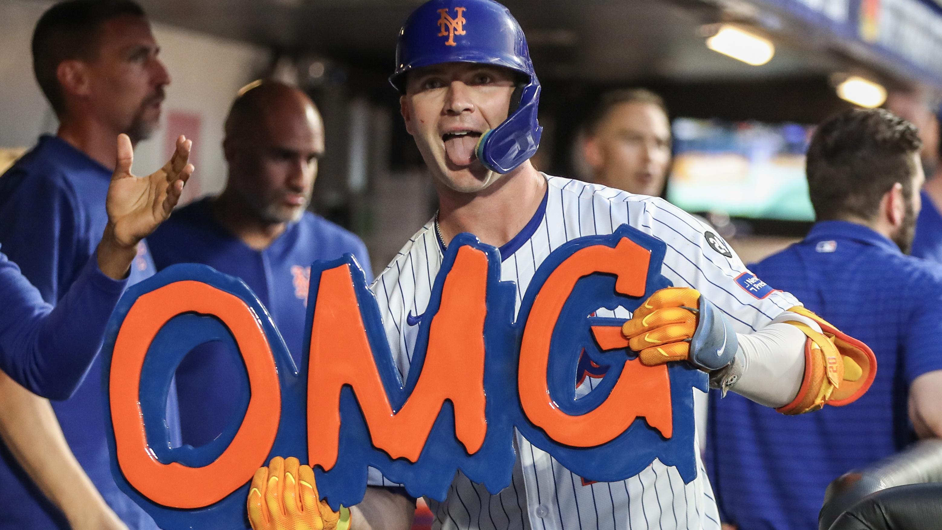 New York Mets first baseman Pete Alonso (20) celebrates in the dugout after hitting a solo home run in the fourth inning against the Minnesota Twins at Citi Field