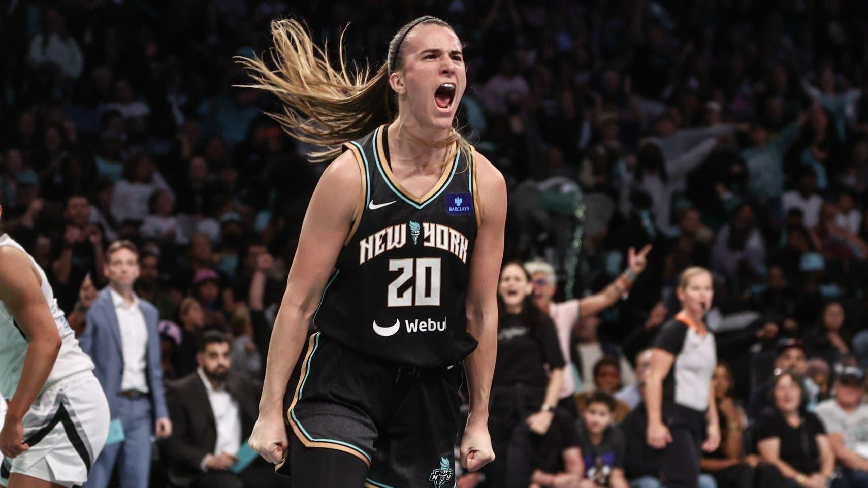 New York Liberty guard Sabrina Ionescu (20) celebrates during game two of the 2024 WNBA Semi-finals against the Las Vegas Aces at Barclays Center / Wendell Cruz-Imagn Images