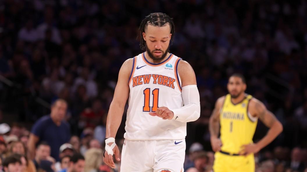 New York Knicks guard Jalen Brunson (11) flexes his left hand during the third quarter of game seven of the second round of the 2024 NBA playoffs against the Indiana Pacers at Madison Square Garden.