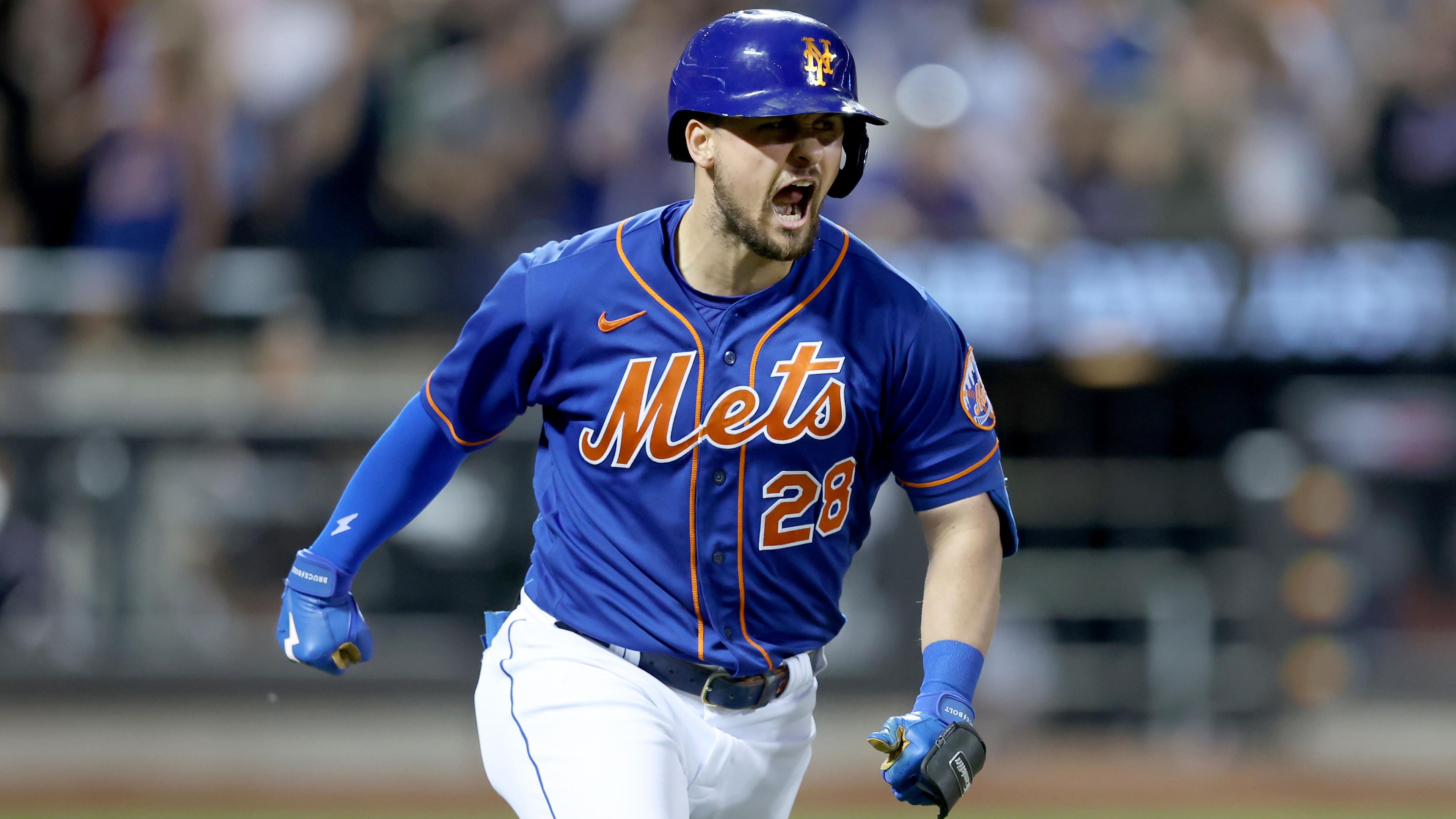 Jul 7, 2022; New York City, New York, USA; New York Mets designated hitter J.D. Davis (28) reacts as he rounds the bases after hitting a grand slam against the Miami Marlins during the fifth inning at Citi Field.