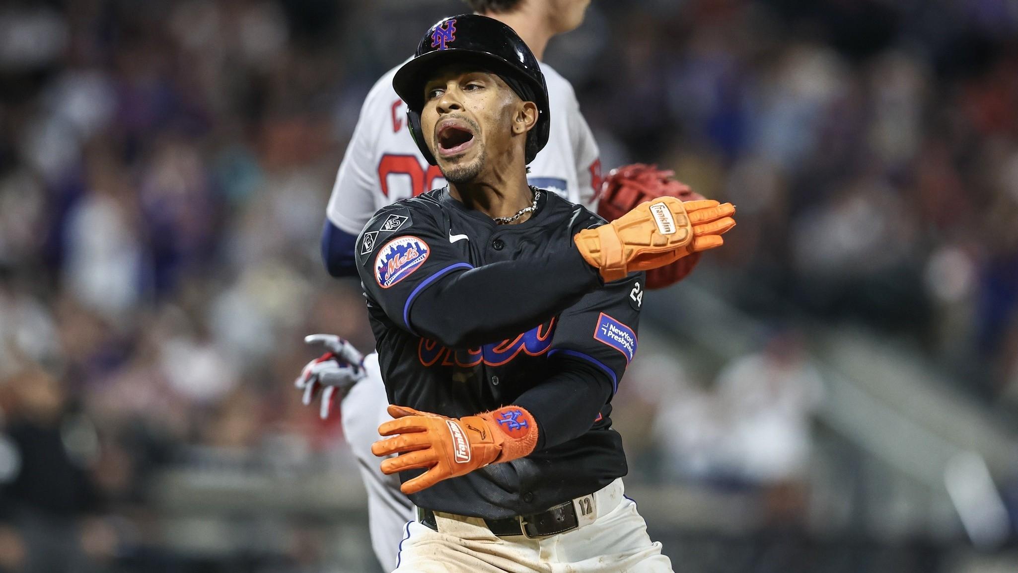 New York Mets shortstop Francisco Lindor (12) celebrates after hitting a RBI single in the fourth inning against the Boston Red Sox at Citi Field.