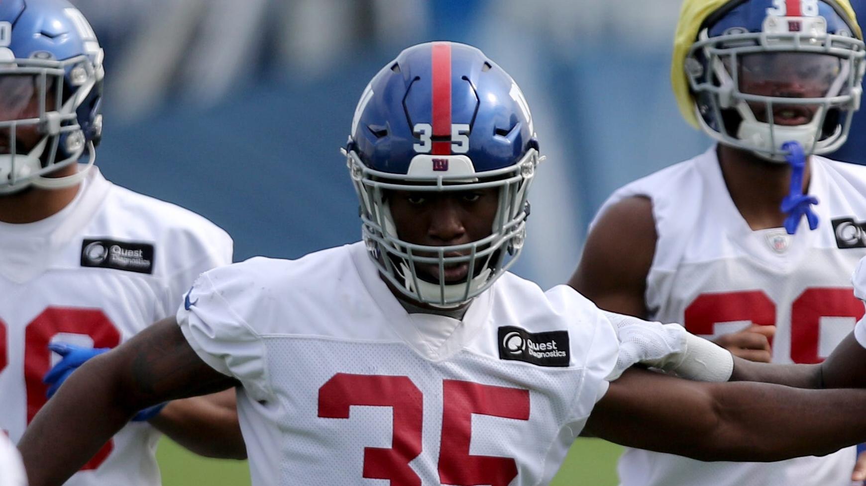 Linebacker, TJ Brunson (35) and cornerback, Isaac Yiadom, are shown at the Giants practice facility, in East Rutherford.