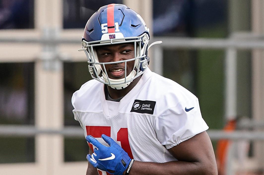 Jul 29, 2021; East Rutherford, NJ, USA; New York Giants linebacker Azeez Ojulari (51) jogs during training camp at Quest Diagnostics Training Center.