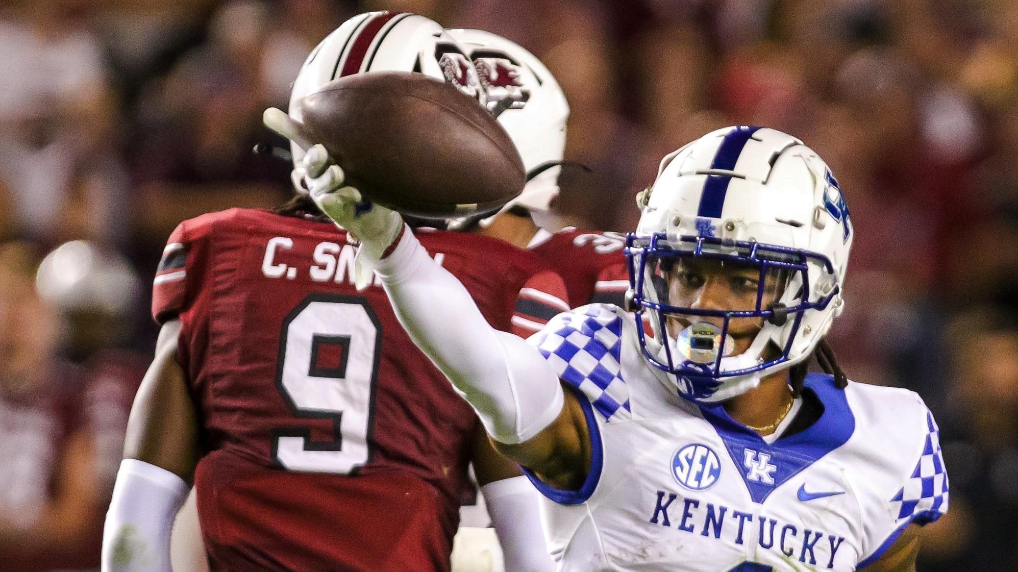 Sep 25, 2021; Columbia, South Carolina, USA; Kentucky Wildcats wide receiver Wan'Dale Robinson (1) celebrates after a first down against the South Carolina Gamecocks in the second half at Williams-Brice Stadium. Mandatory Credit: Jeff Blake-USA TODAY Sports