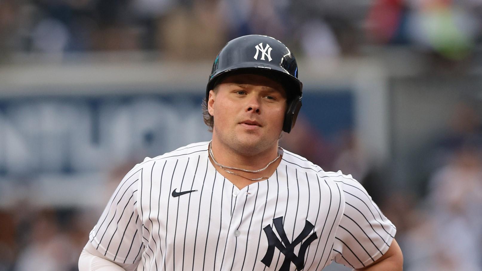 Jun 22, 2021; Bronx, New York, USA; New York Yankees first baseman Luke Voit (59) runs the base path after hitting a home run against the Kansas City Royals at Yankee Stadium.