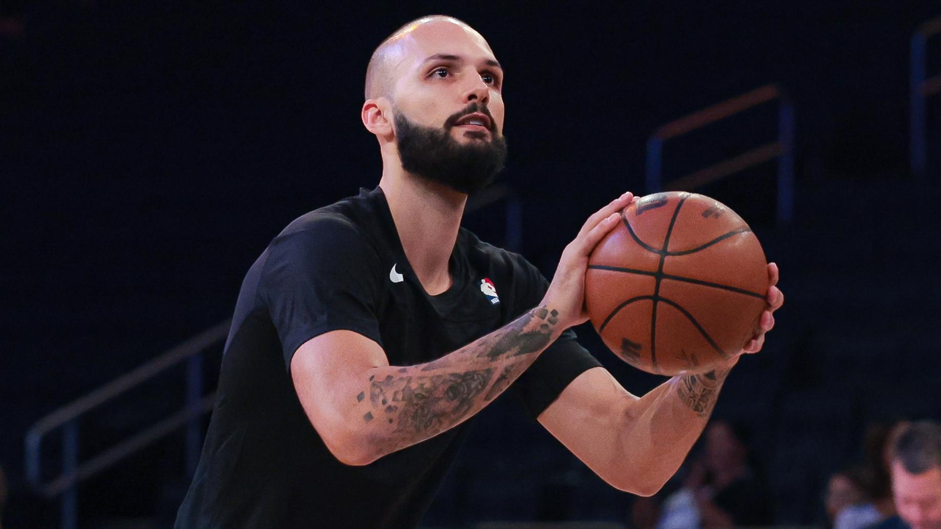 New York Knicks guard Evan Fournier (13) warms up before the game against the Charlotte Hornets at Madison Square Garden