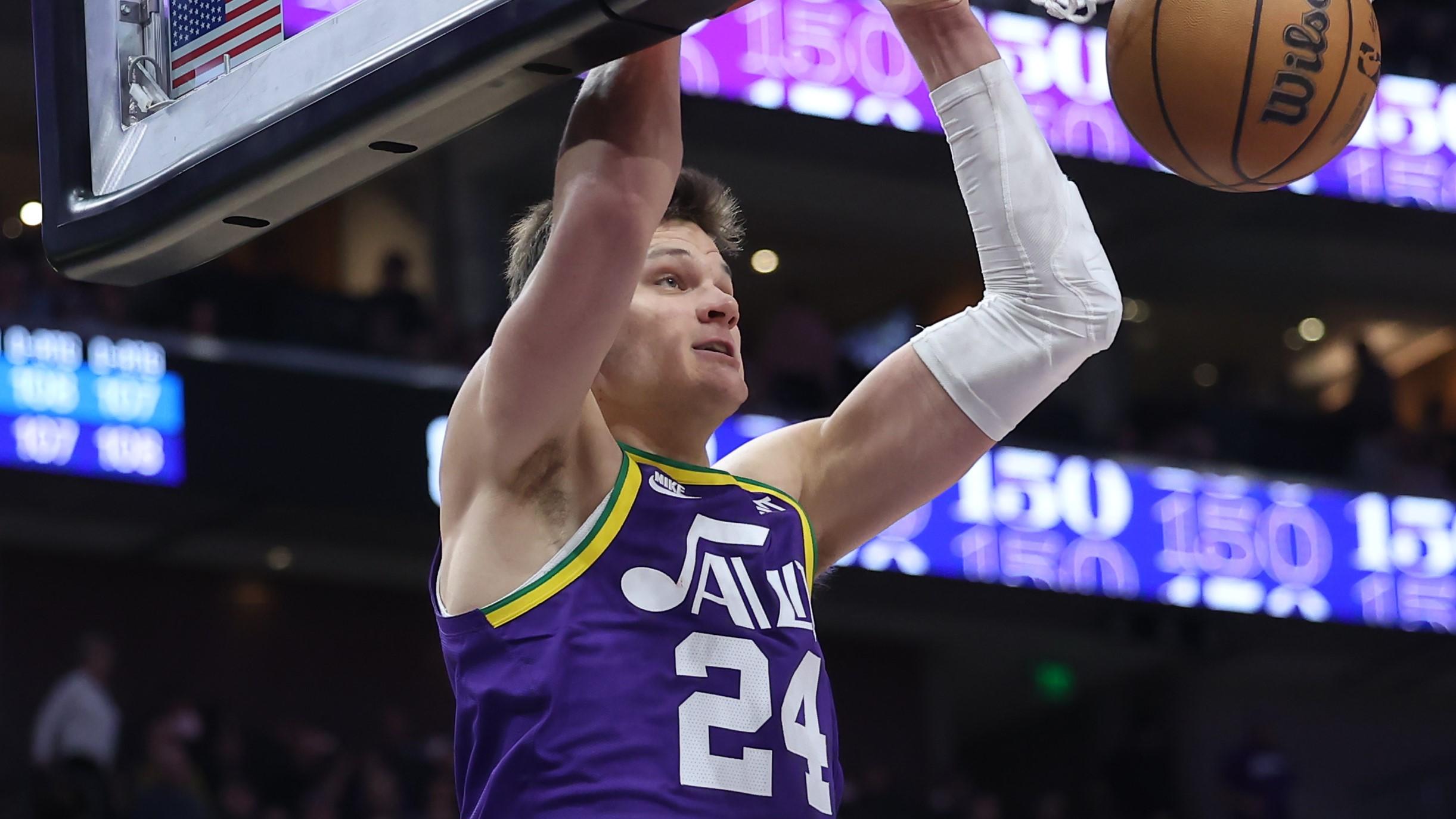 Dec 13, 2023; Salt Lake City, Utah, USA; Utah Jazz center Walker Kessler (24) dunks the ball against the New York Knicks during the third quarter at Delta Center. Mandatory Credit: Rob Gray-USA TODAY Sports