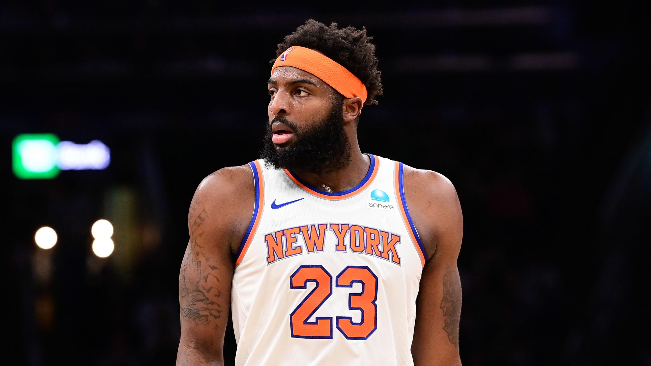 New York Knicks center Mitchell Robinson (23) looks on during the first half against the Boston Celtics at TD Garden. 