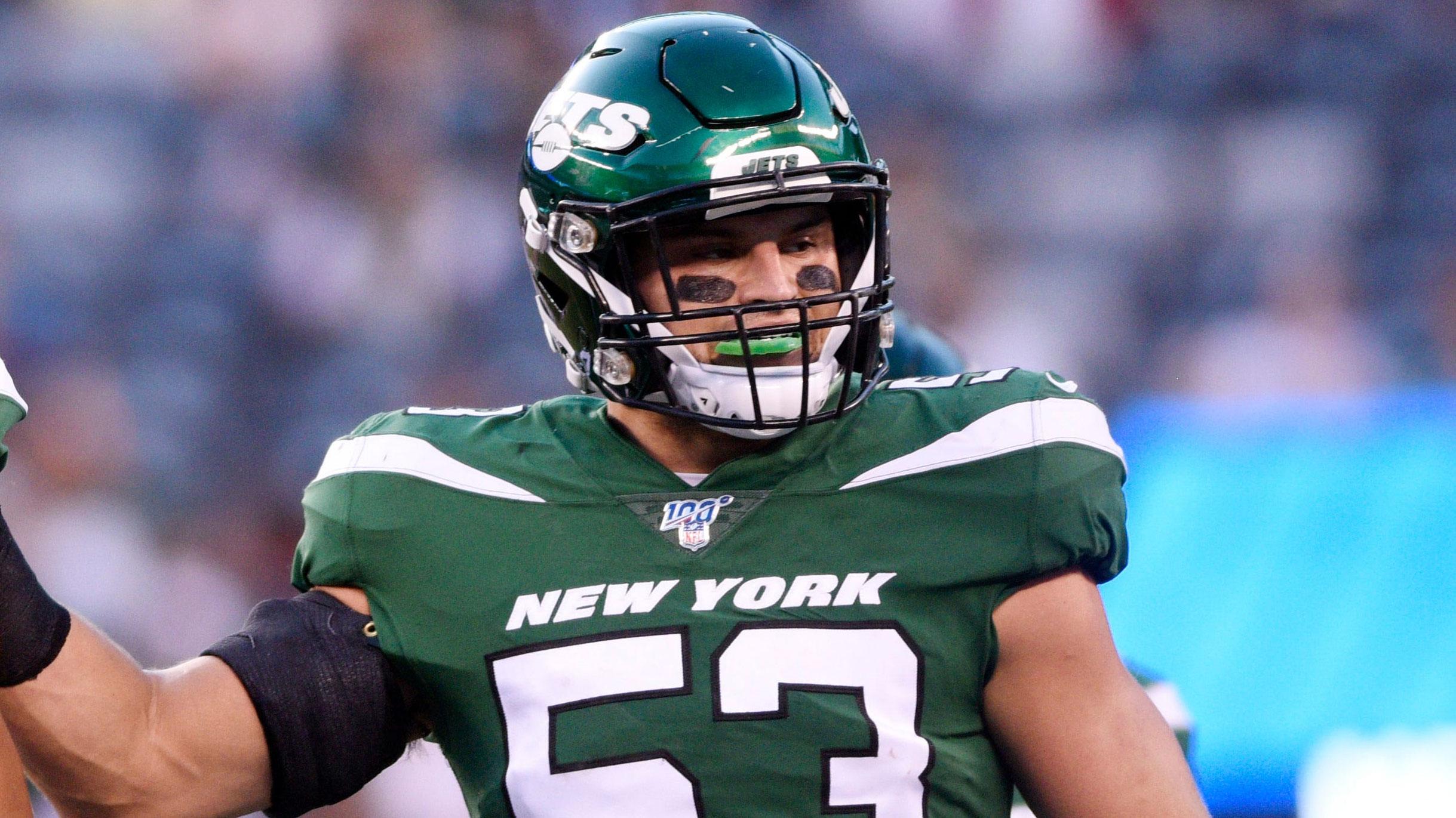 New York Jets vs. Philadelphia Eagles at MetLife Stadium in East Rutherford on Thursday, August 29, 2019. Jets #53 Blake Cashman and #91 Bronson Kaufusi celebrate after making a tackle