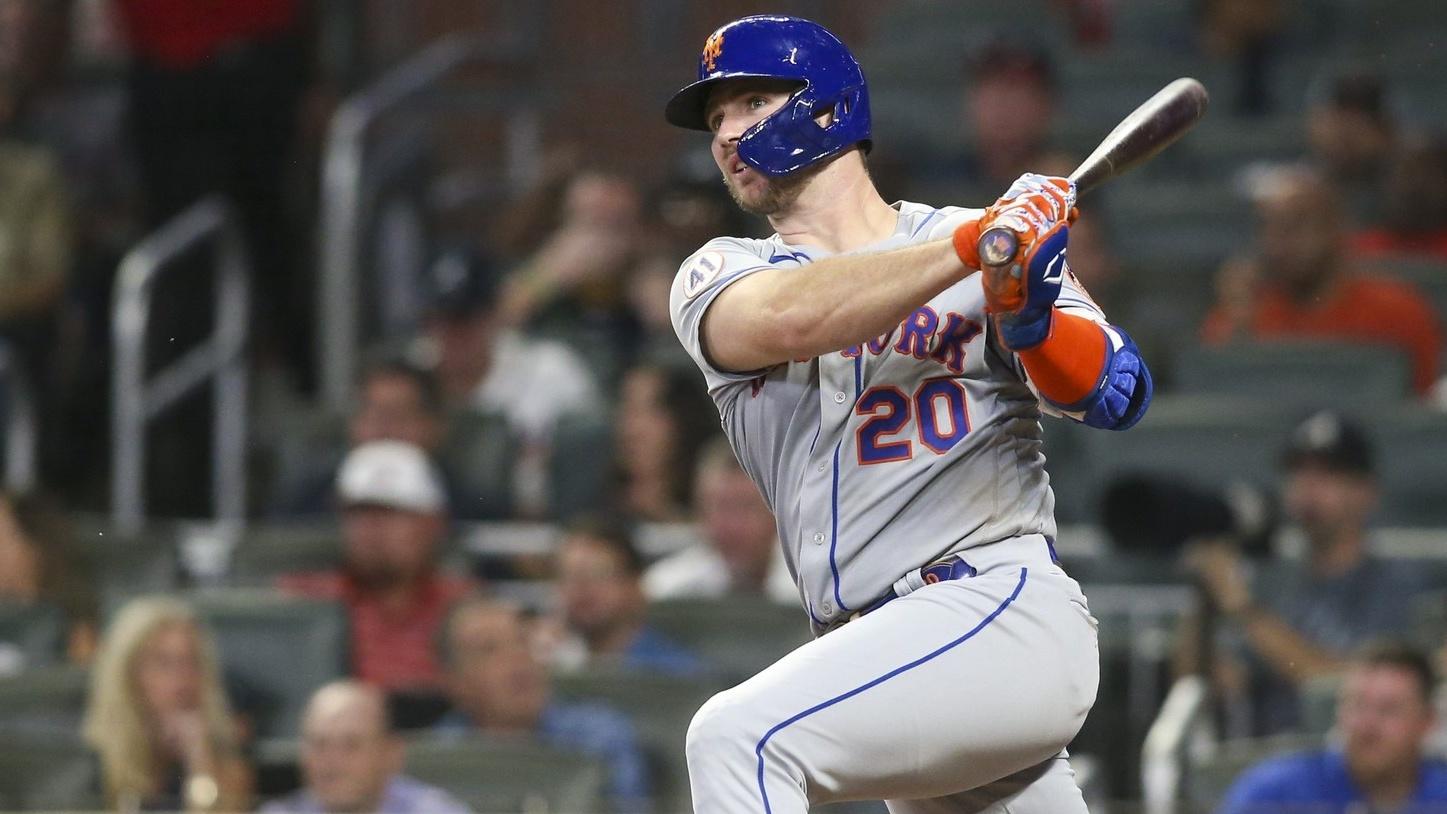 Oct 1, 2021; Atlanta, Georgia, USA; New York Mets first baseman Pete Alonso (20) hits a double against the Atlanta Braves in the fourth inning at Truist Park.